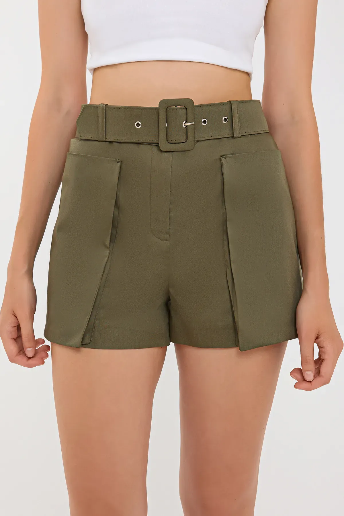 Cotton High-Waist Shorts with Pocket and Belt Detail 1
