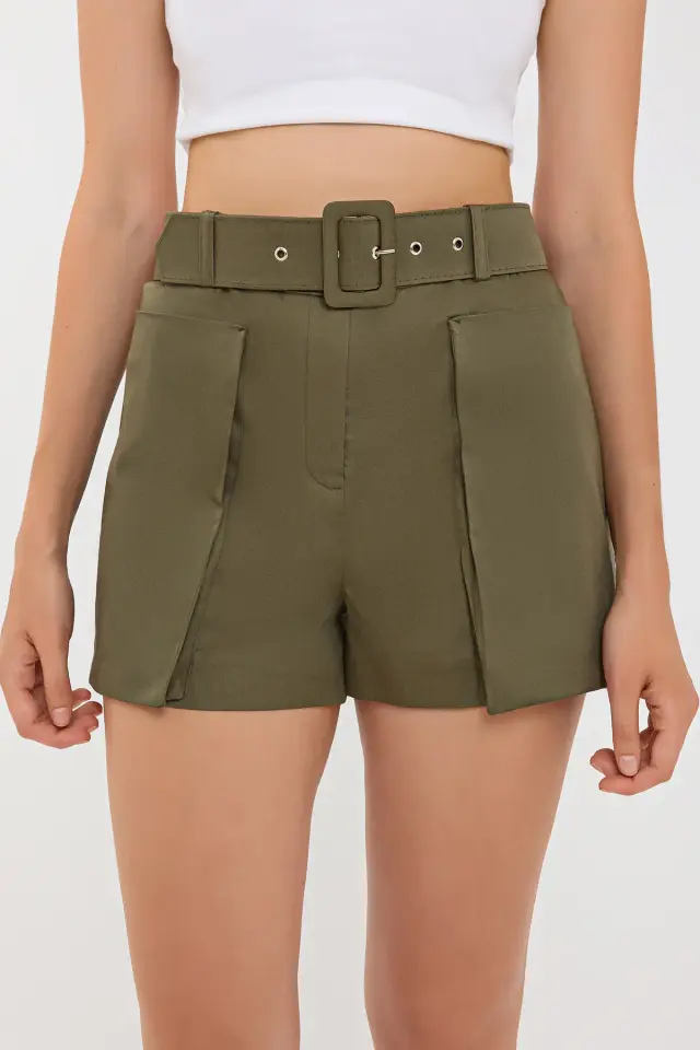 Cotton High-Waist Shorts with Pocket and Belt Detail