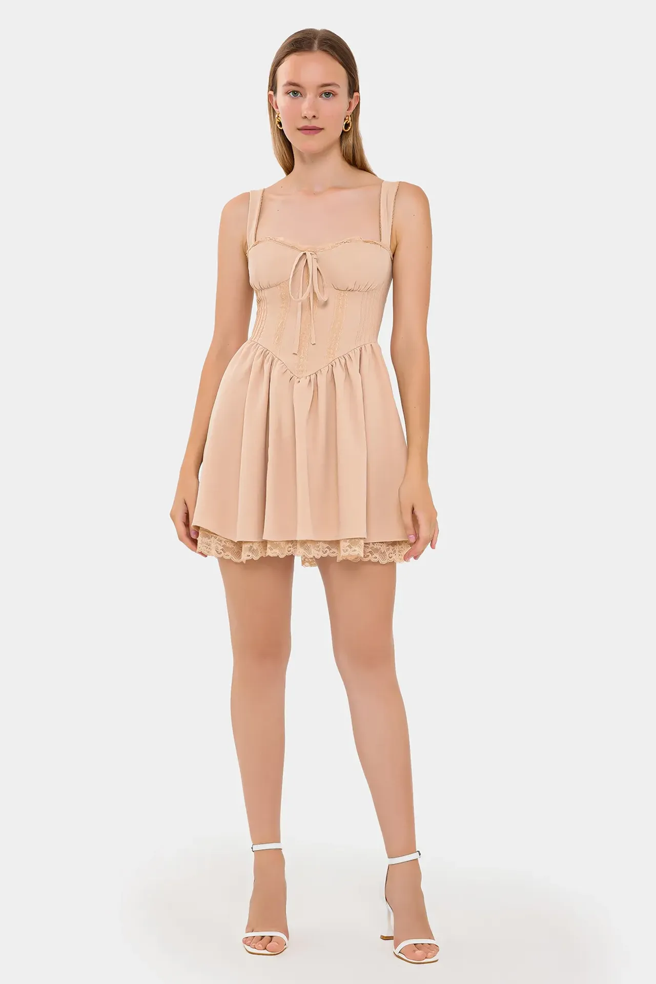 Sweetheart Neck Tie-Front Lace Detail Corset Mini Dress