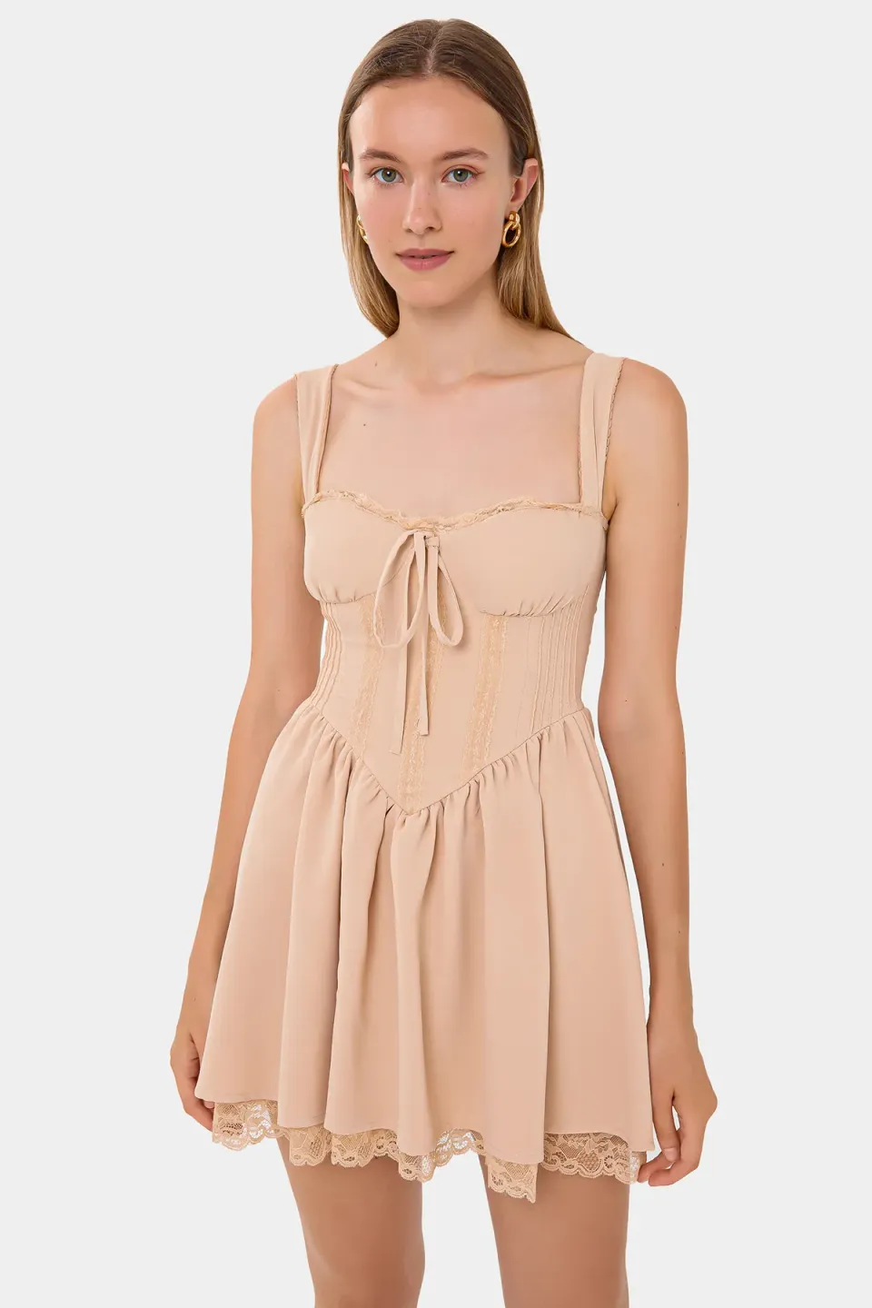 Sweetheart Neck Tie-Front Lace Detail Corset Mini Dress