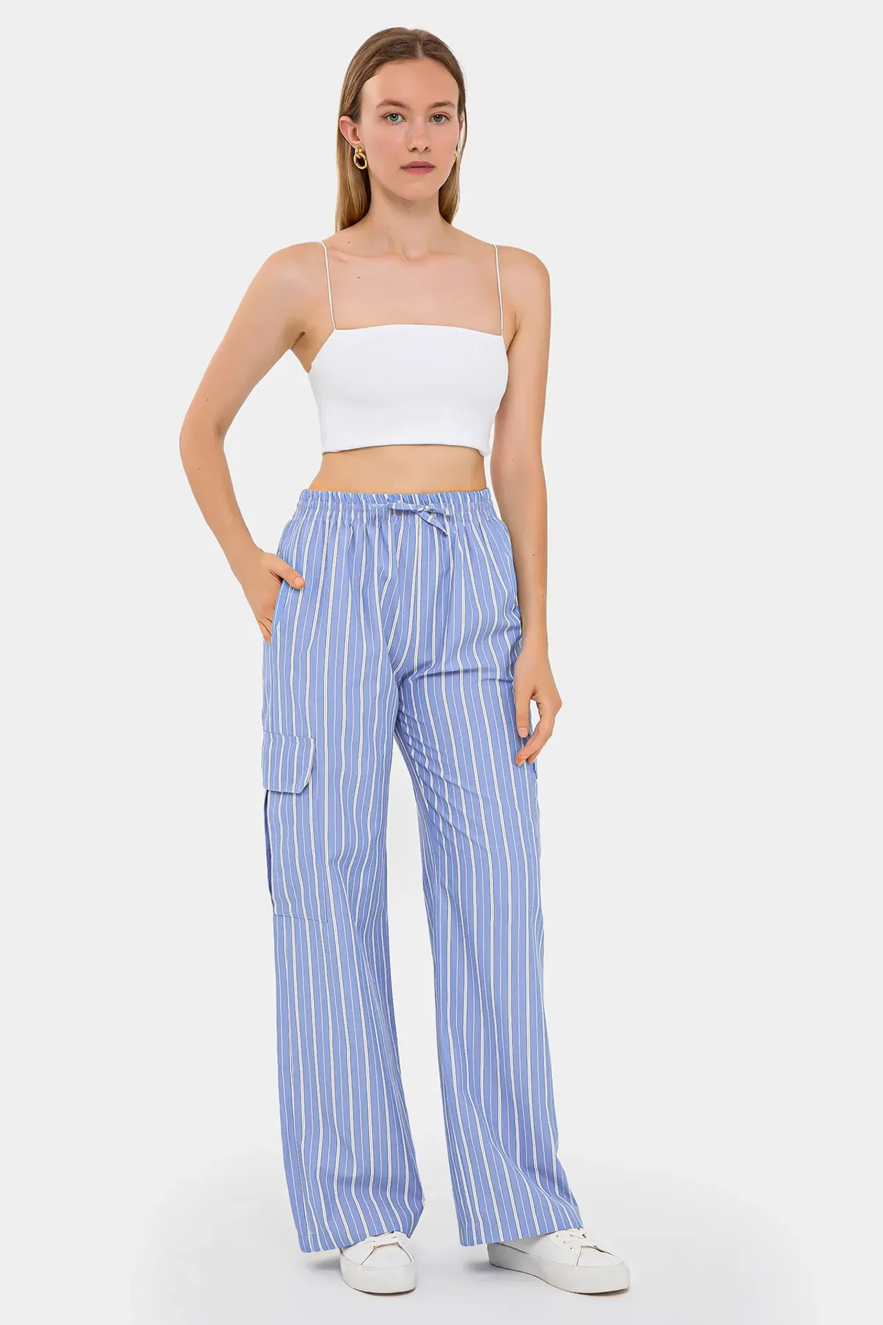 Striped High-Waist Wide-Leg Trousers with Lace-Up Detail