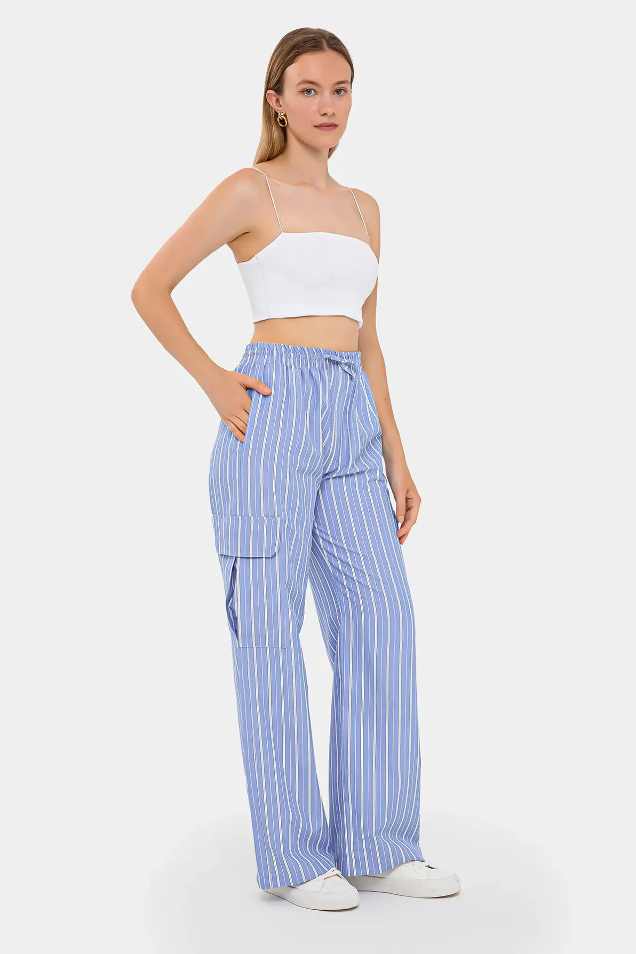 Striped High-Waist Wide-Leg Trousers with Lace-Up Detail
