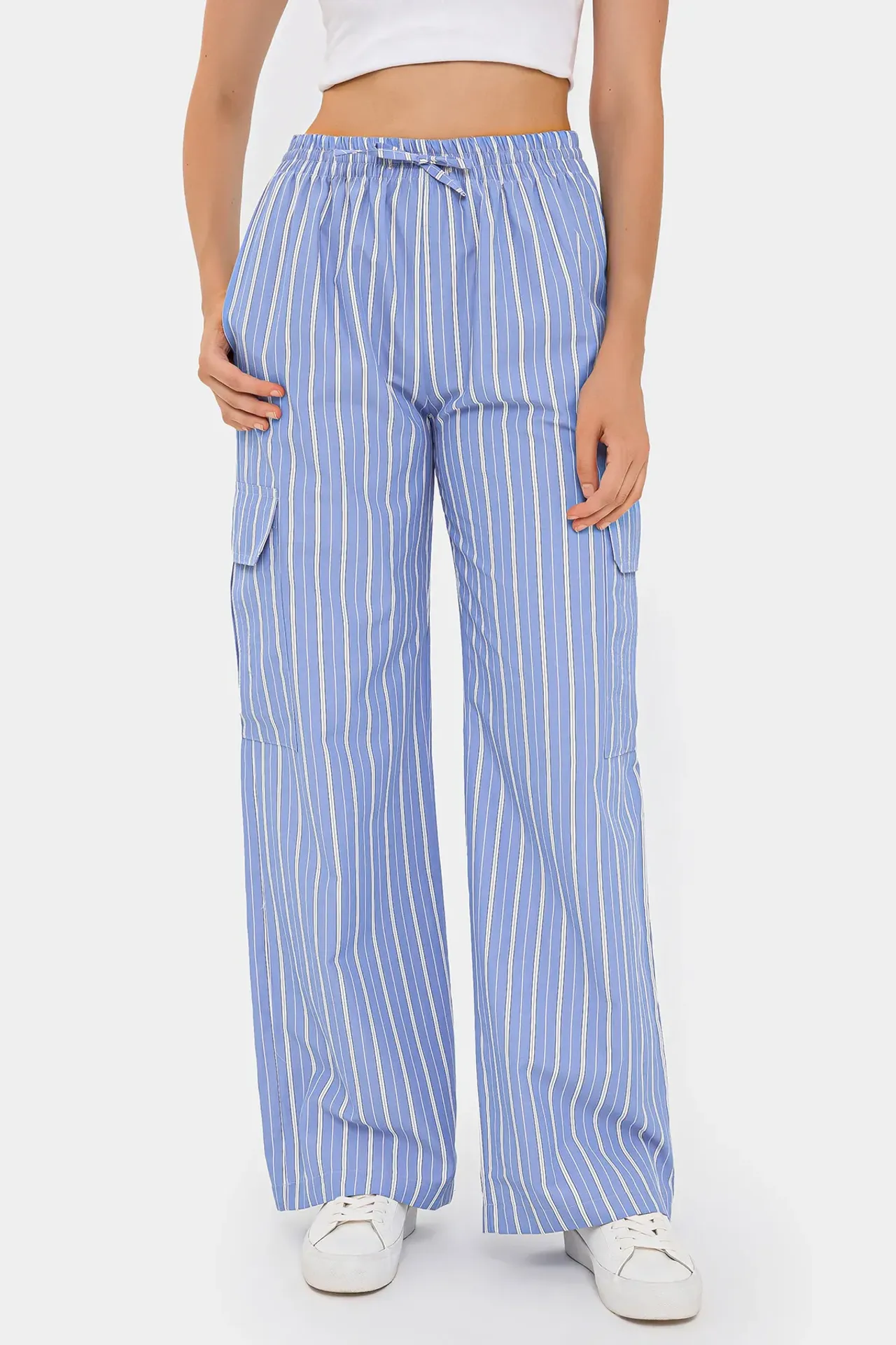 Striped High-Waist Wide-Leg Trousers with Lace-Up Detail