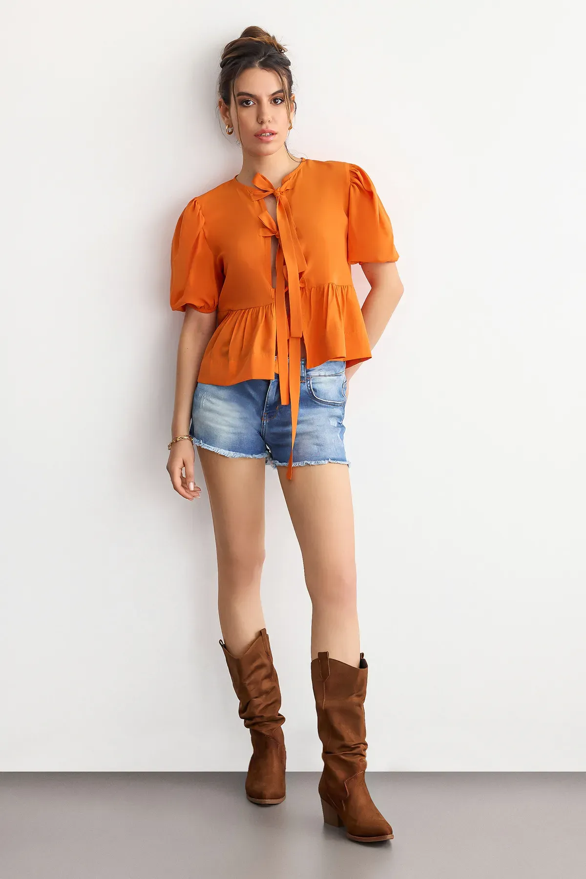 Tie-Up Neck Blouse with Puff Sleeves 3