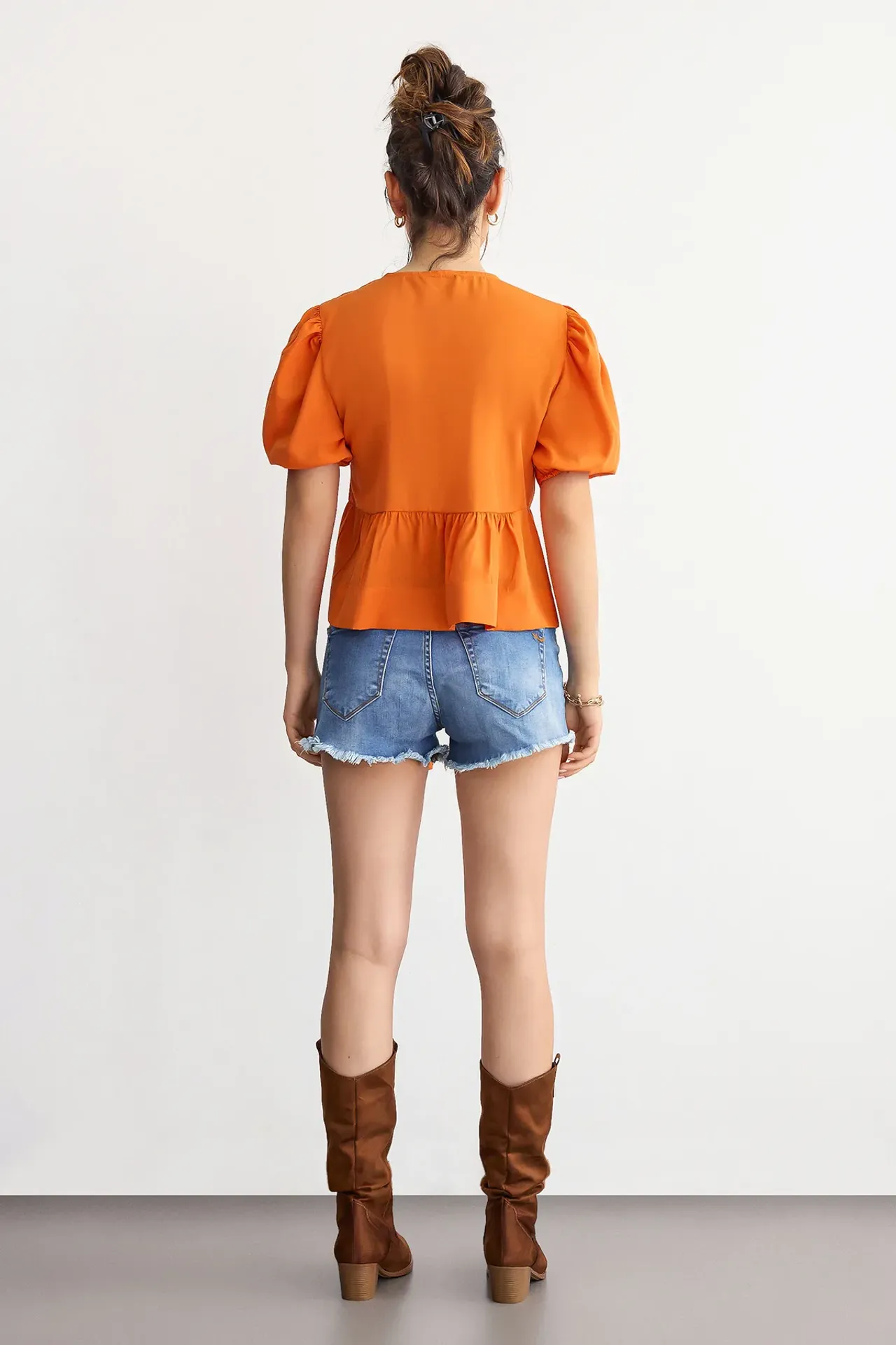 Tie-Up Neck Blouse with Puff Sleeves