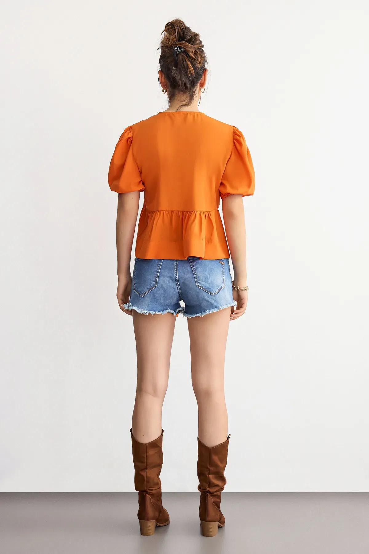 Tie-Up Neck Blouse with Puff Sleeves 4