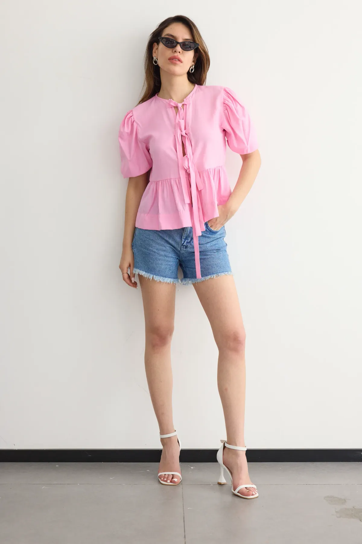 Tie-Up Neck Blouse with Puff Sleeves 1
