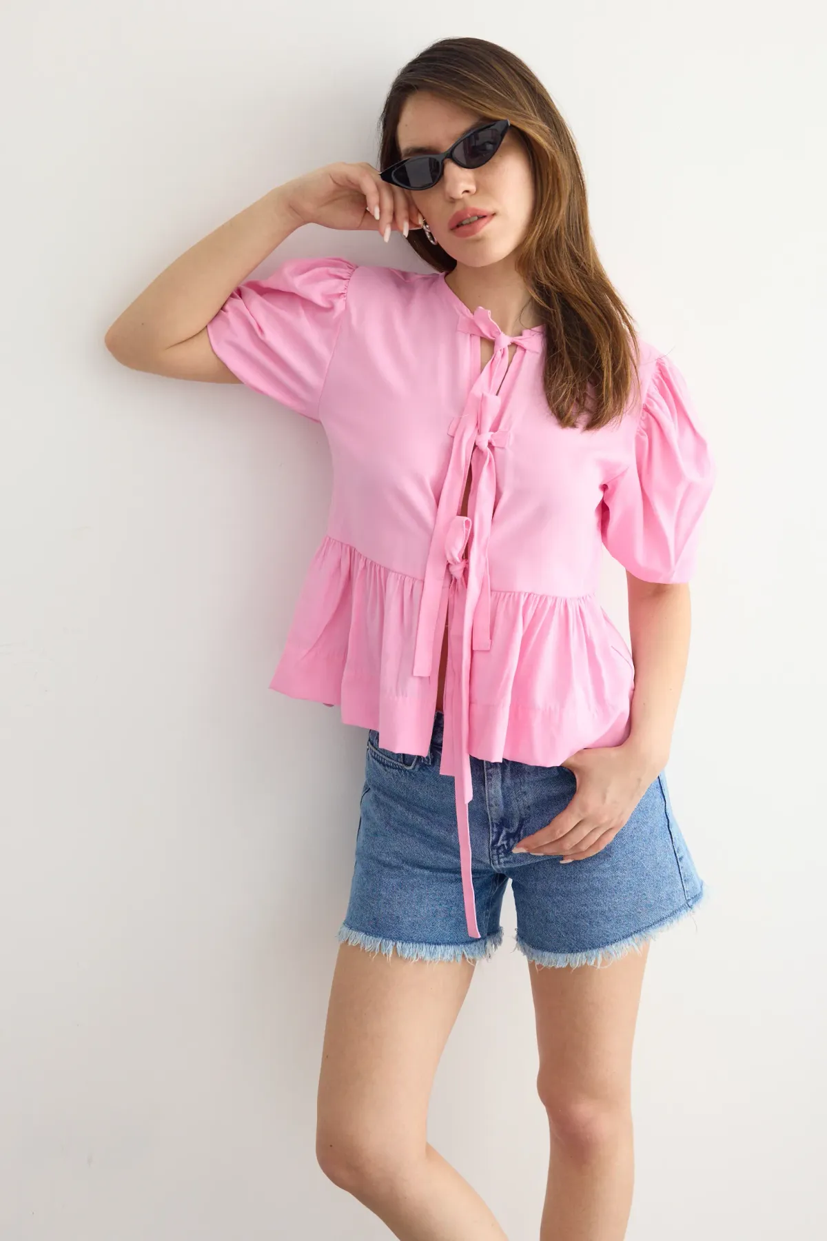 Tie-Up Neck Blouse with Puff Sleeves 2