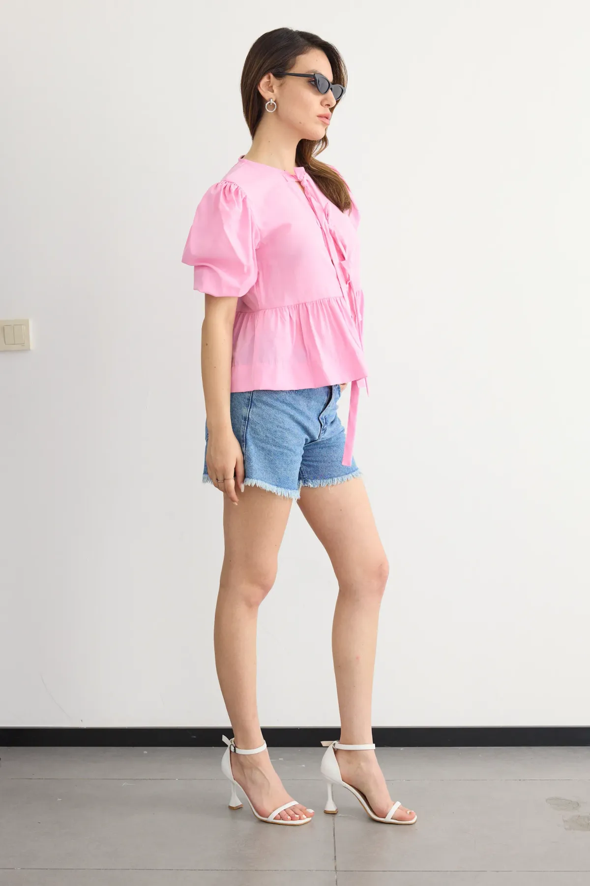 Tie-Up Neck Blouse with Puff Sleeves 3