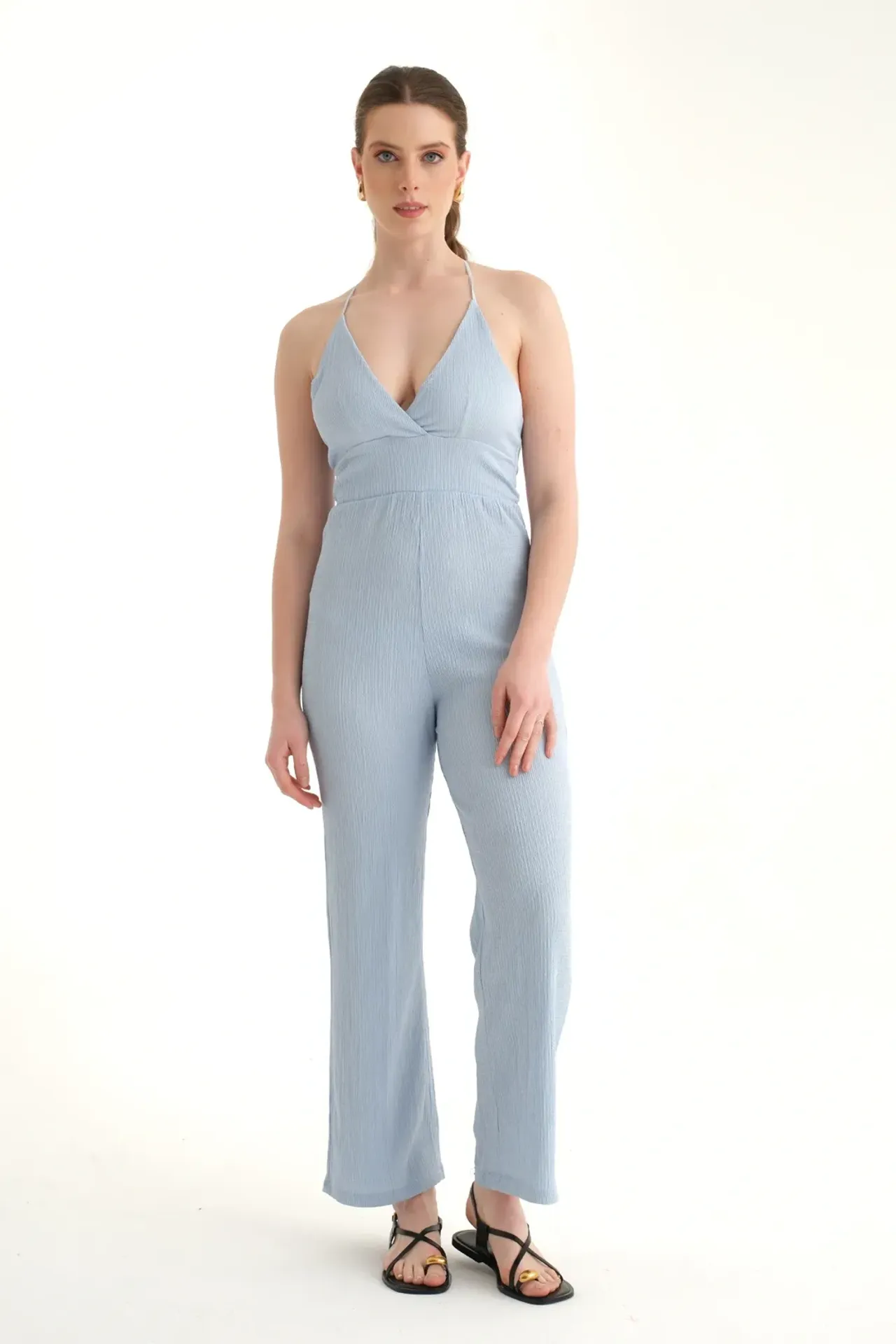 V Neck Straight Leg Sleeveless Jumpsuit with Back Detail