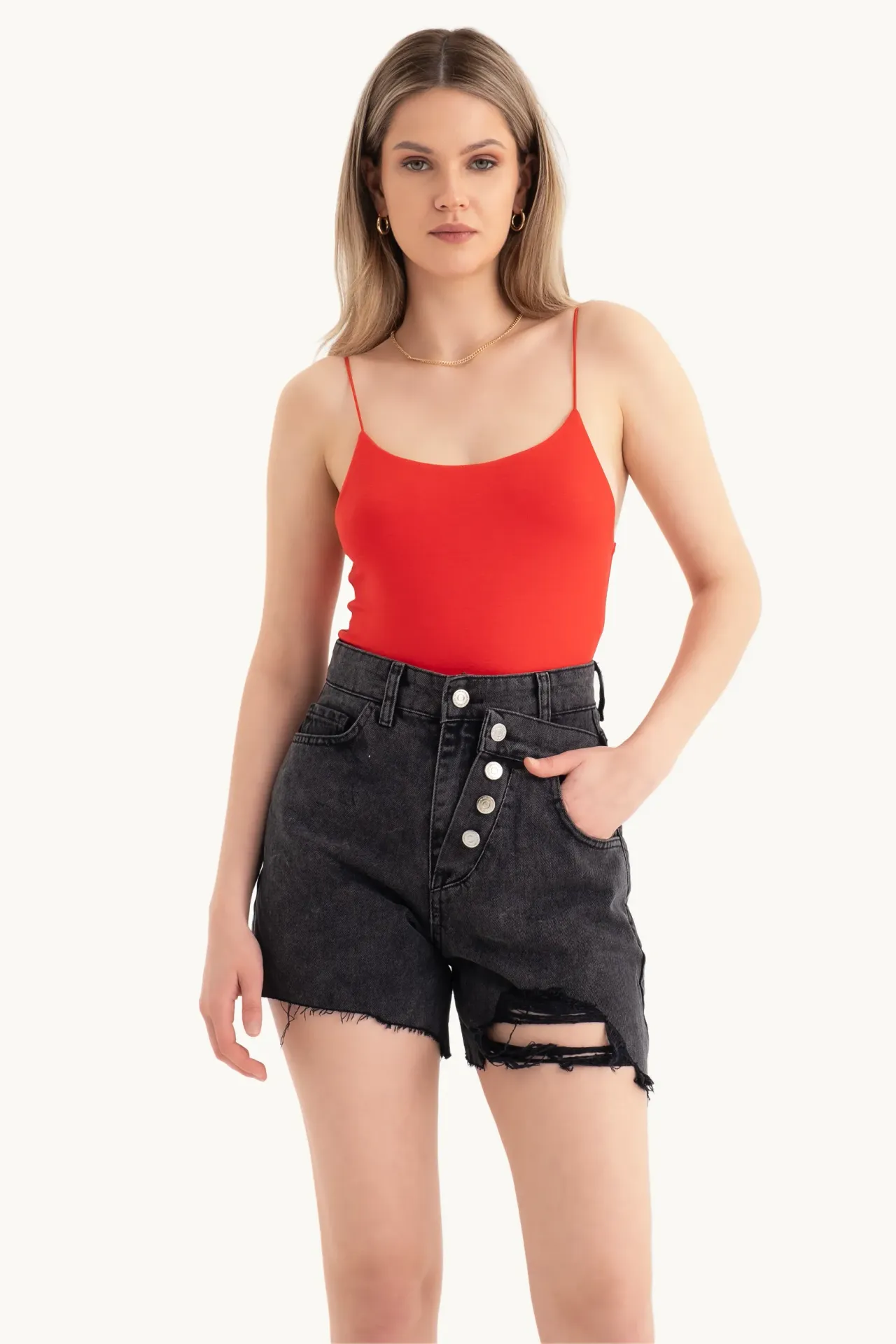 Denim High Waist Double Layered Shorts with a Button detail