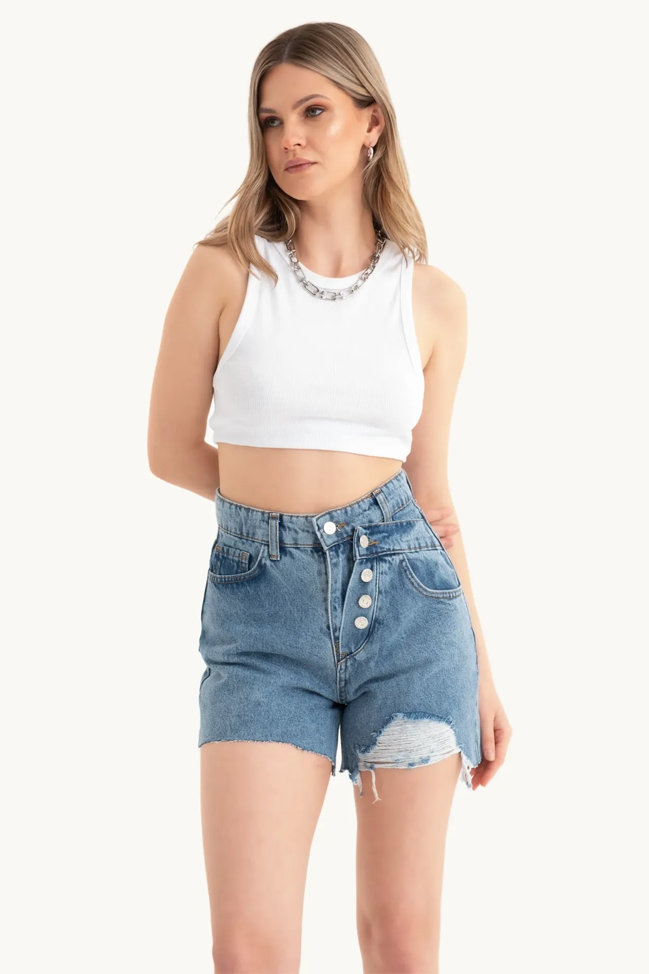 Denim High Waist Double Layered Shorts with a Button detail