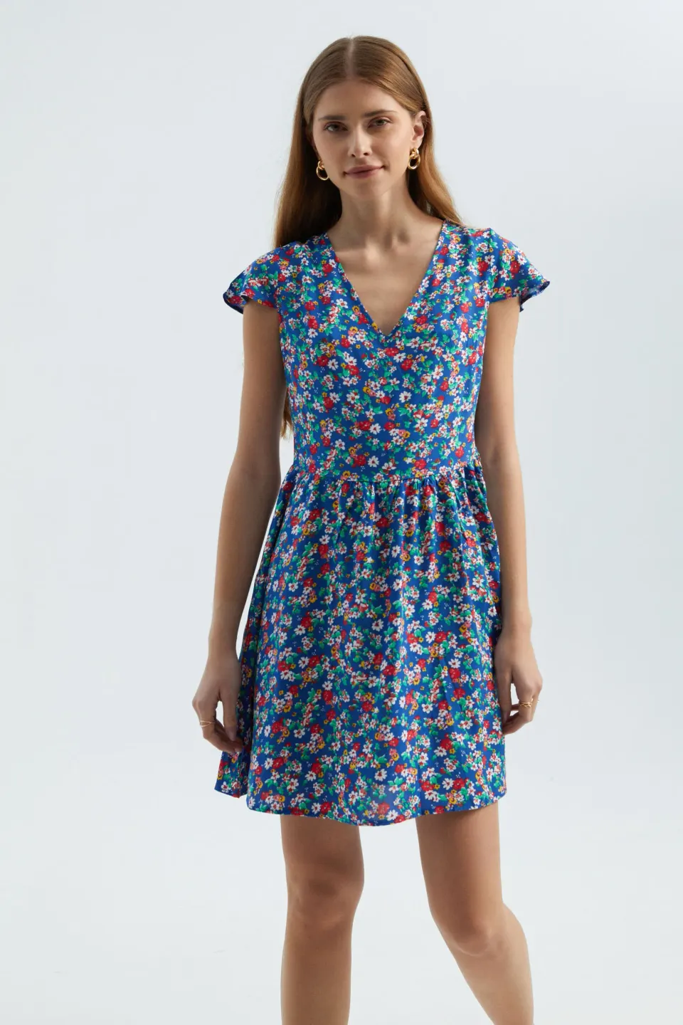 Floral V Neck Short Sleeve Mini Dress