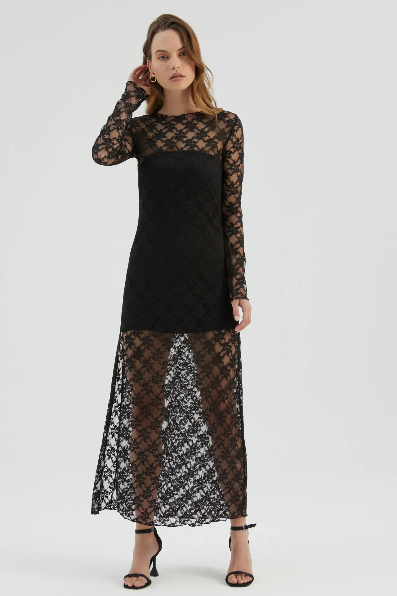 Lace High Neck Mesh Maxi Dress with a Side Slit