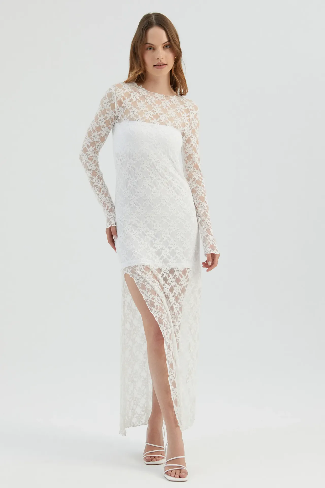Lace High Neck Mesh Maxi Dress with a Side Slit