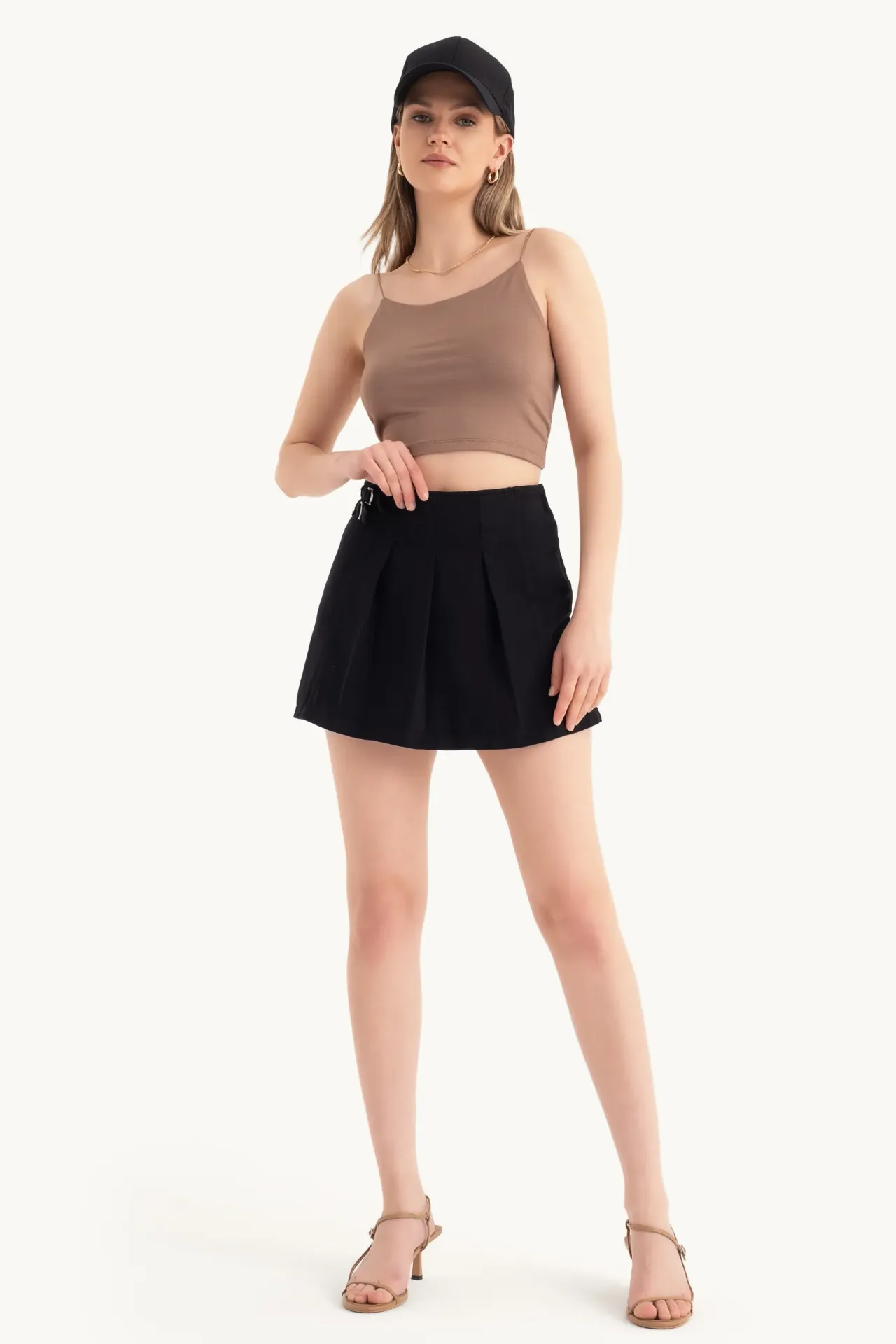 High Waist Double Belt Mini Skort