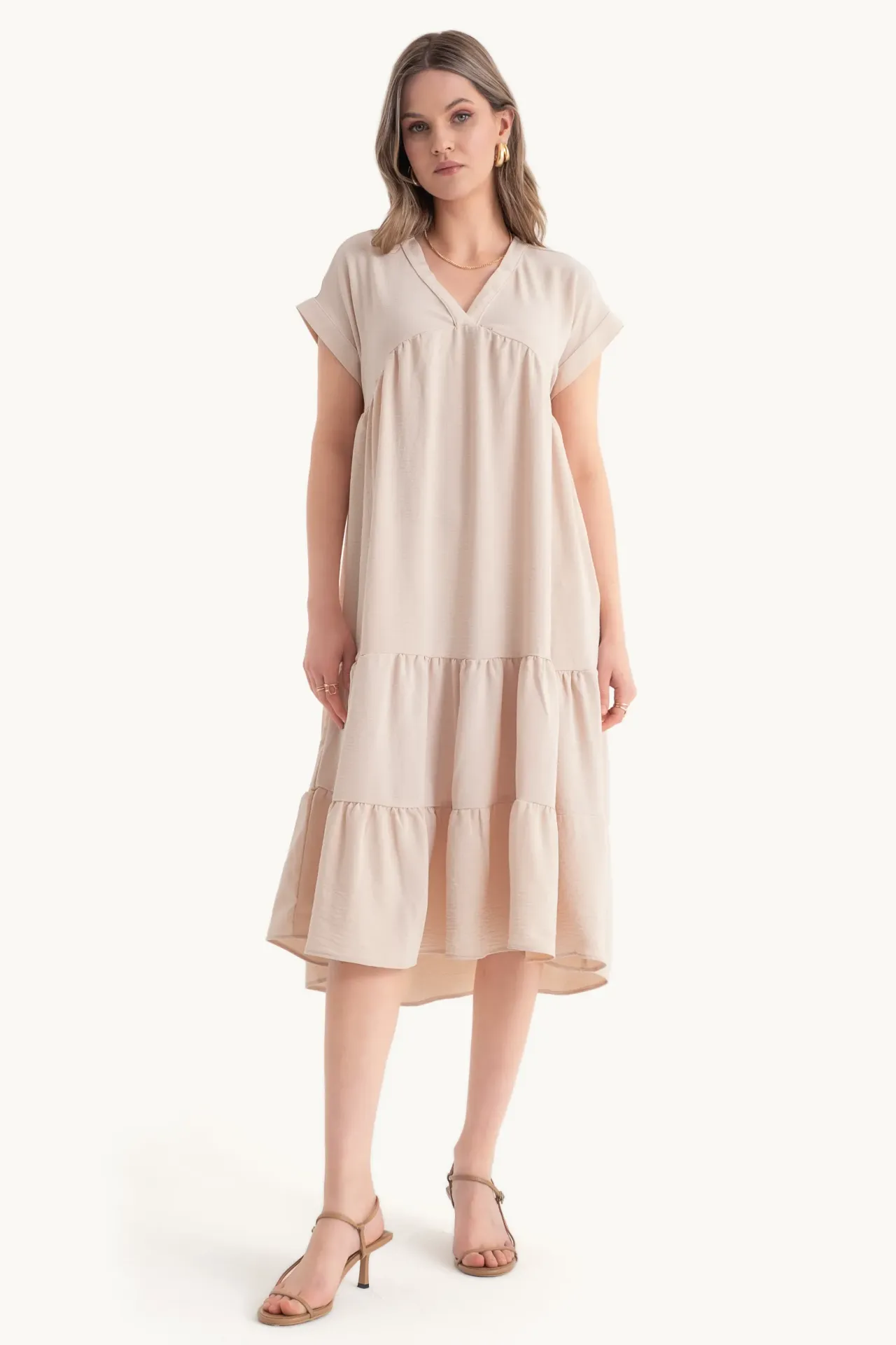 V Neck Tiered Midi Casual Dress