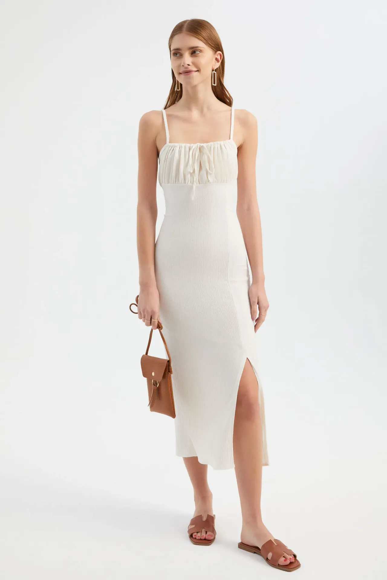 Smocked Square Neck Tie Front Midi Dress with Side Slit