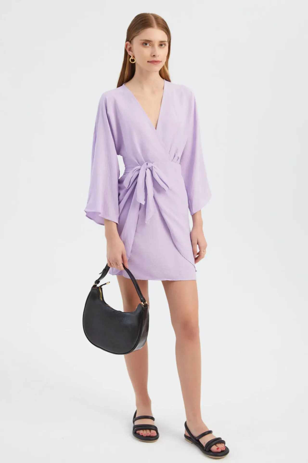 V Neck Balloon Sleeves Mini Wrap Dress