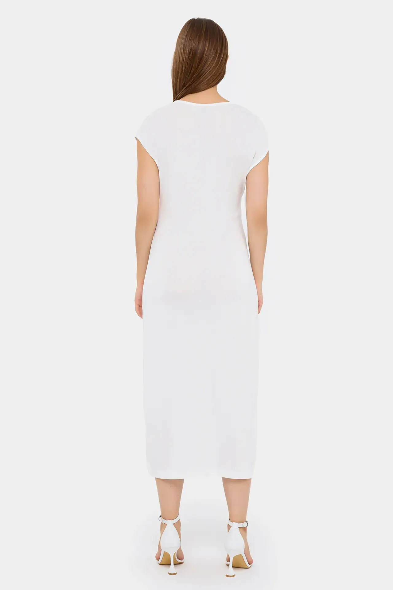 Solid Woven V-Neck Cap Sleeve Midi Dress