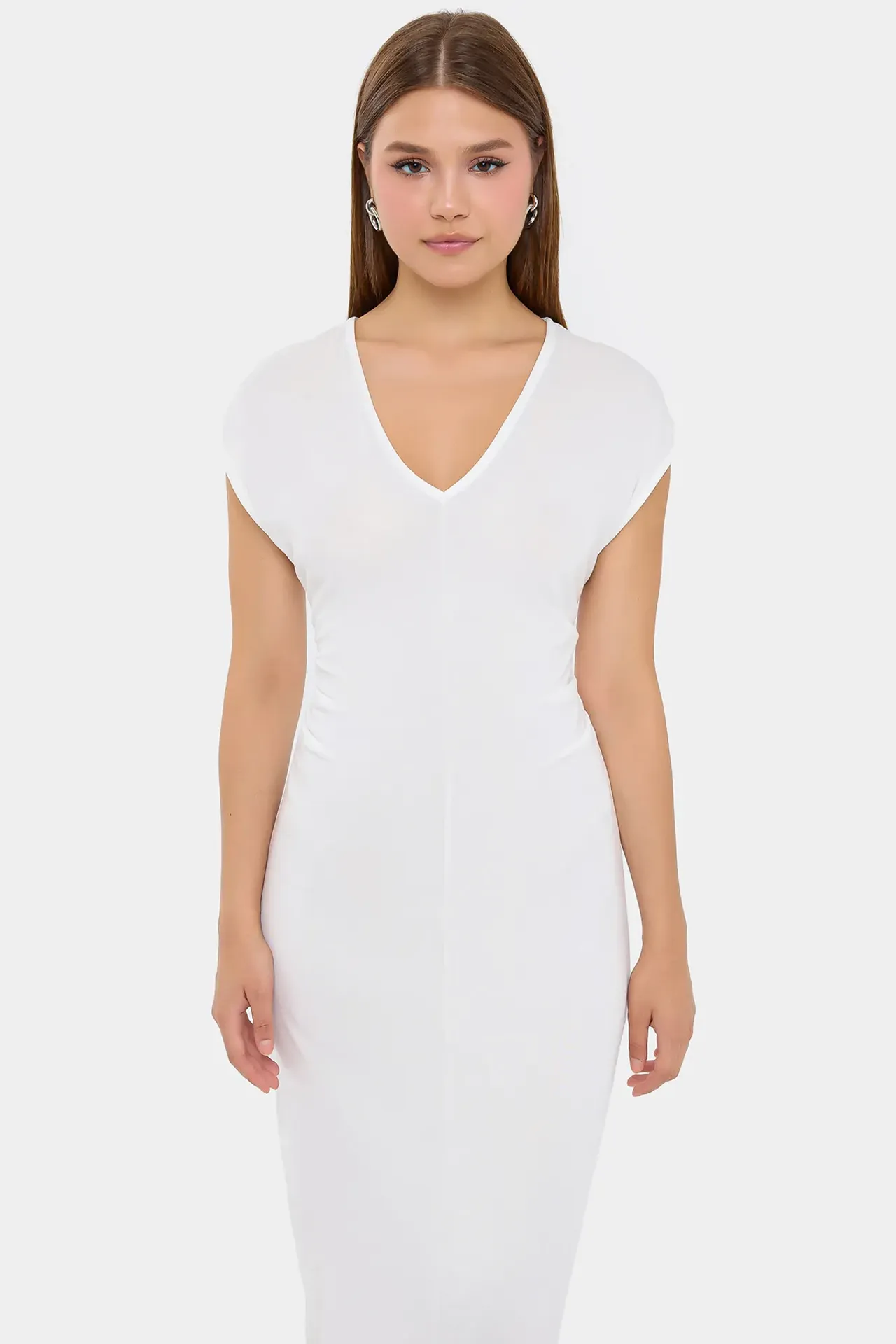 Solid Woven V-Neck Cap Sleeve Midi Dress