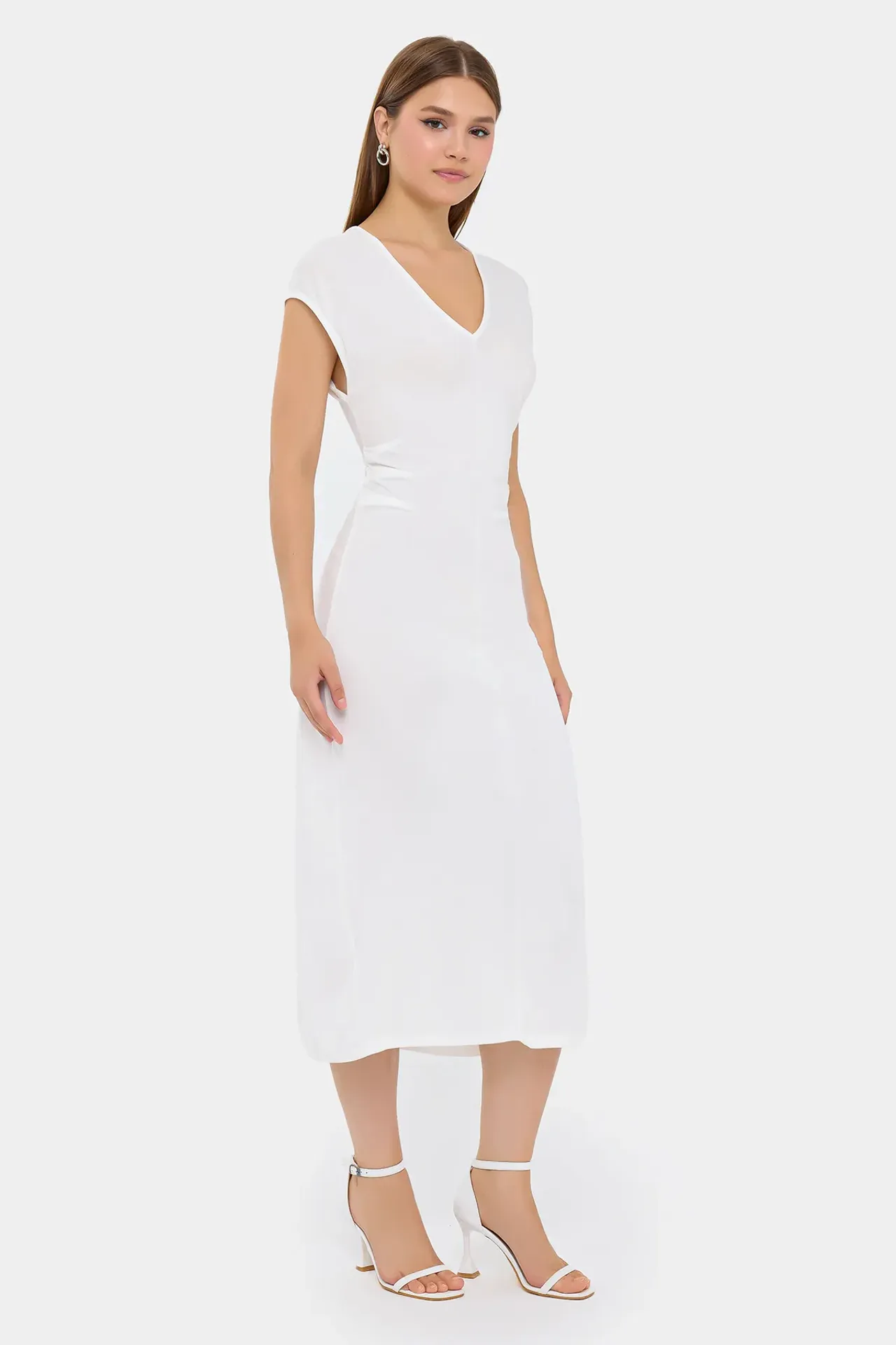 Solid Woven V-Neck Cap Sleeve Midi Dress