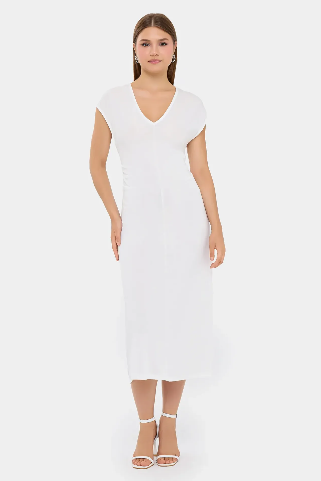 Solid Woven V-Neck Cap Sleeve Midi Dress