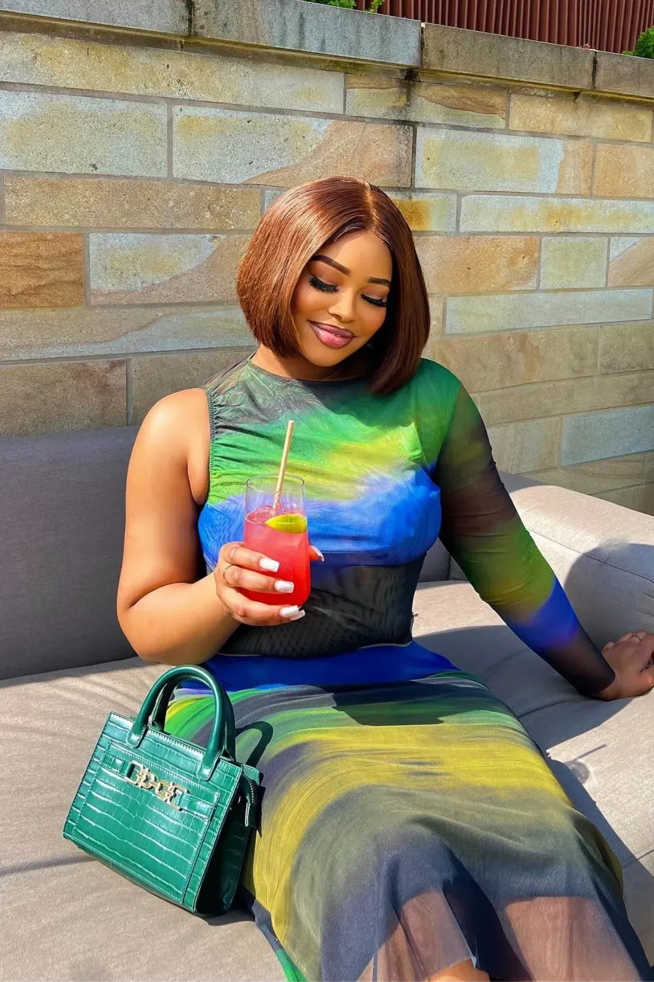 2 Pieces: Ombre Boat Neck Tulle One Shoulder Top & Midi Skirt