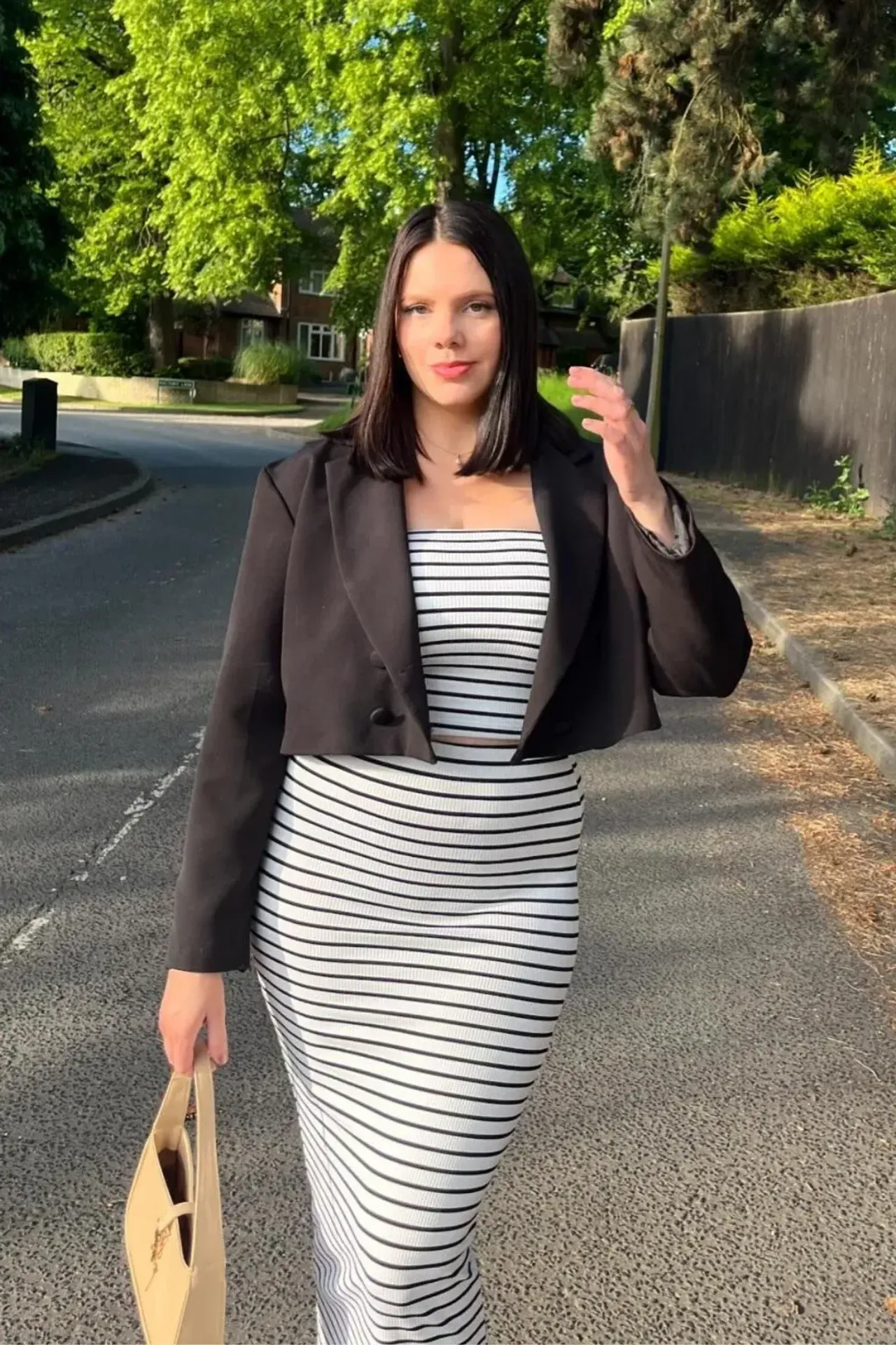 2 Pieces: Striped Strapless Crop top & Striped Mid Rise Midi Skirt