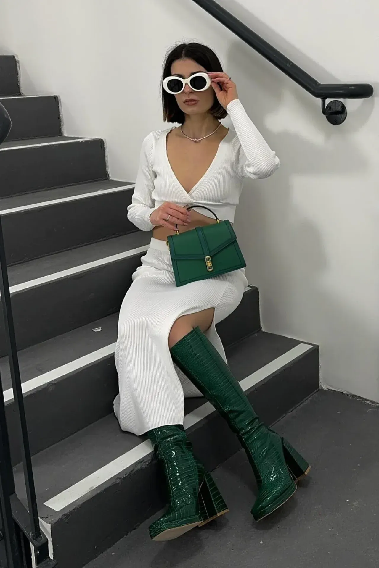 2 Pieces: V Neck Long Sleeve Crop Top & High Waist Slit Maxi Skirt