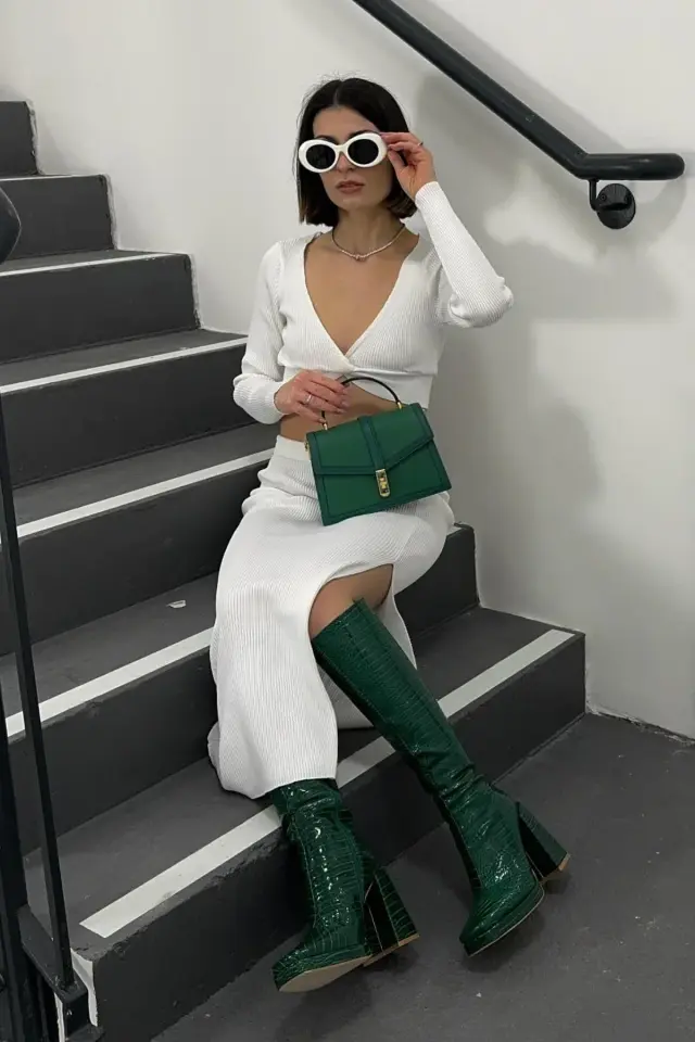 2 Pieces: V Neck Long Sleeve Crop Top & High Waist Slit Maxi Skirt