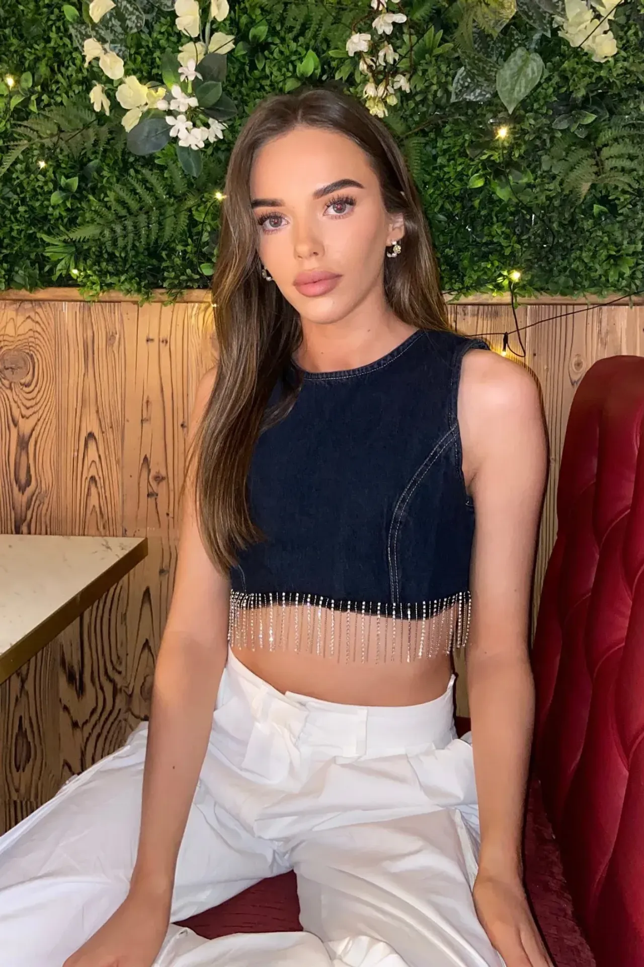 Round Neck Denim Zip Up Back Crop Top with a Tassel Hem