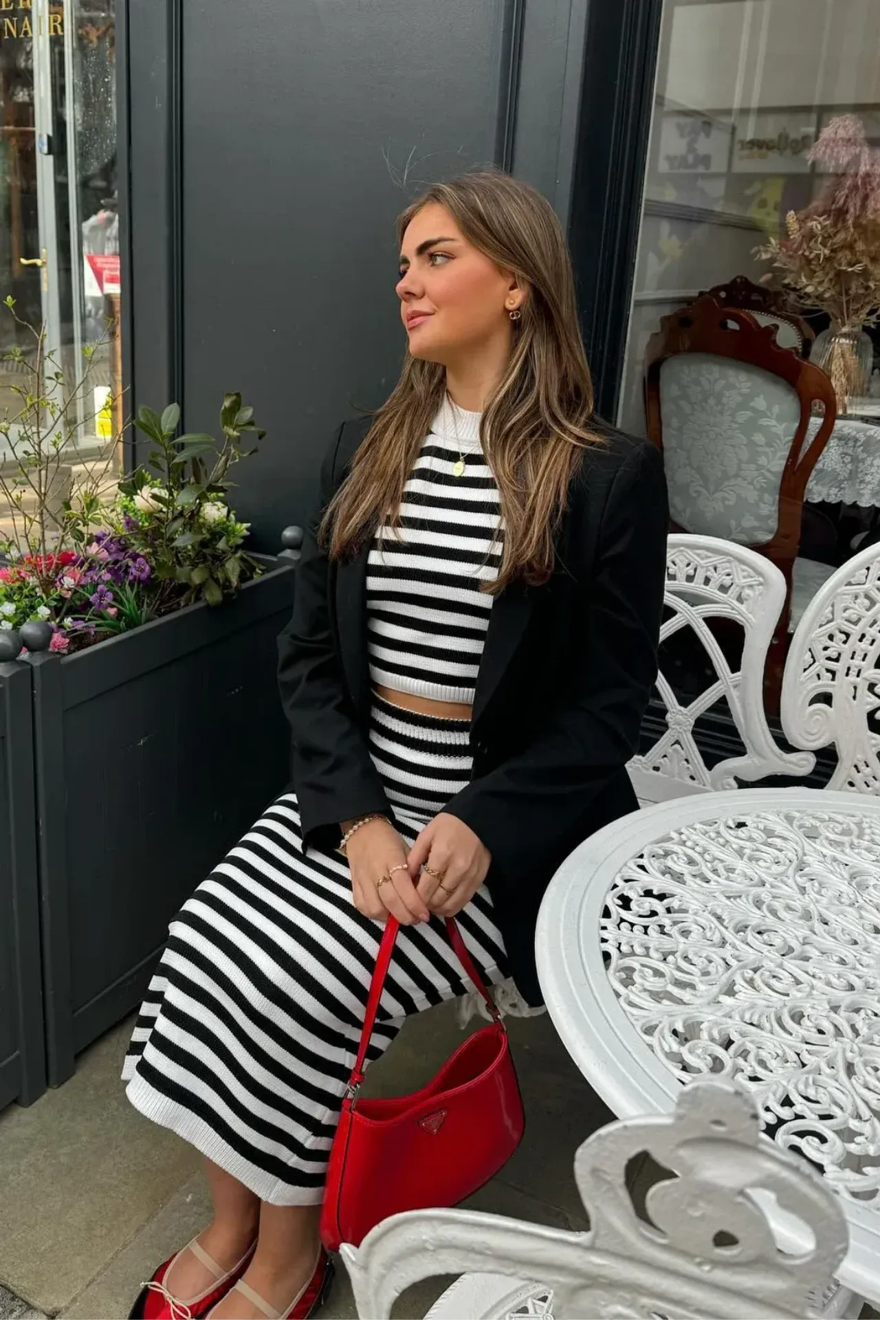 2 Pieces: Striped Crew Neck Knitted Short Sleeve Crop Top & Mid Rise Maxi Skirt