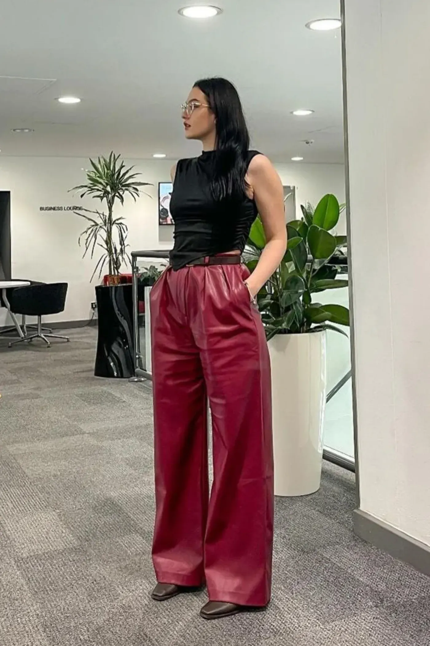 Faux Leather High Waist Pleated Wide Leg Trousers