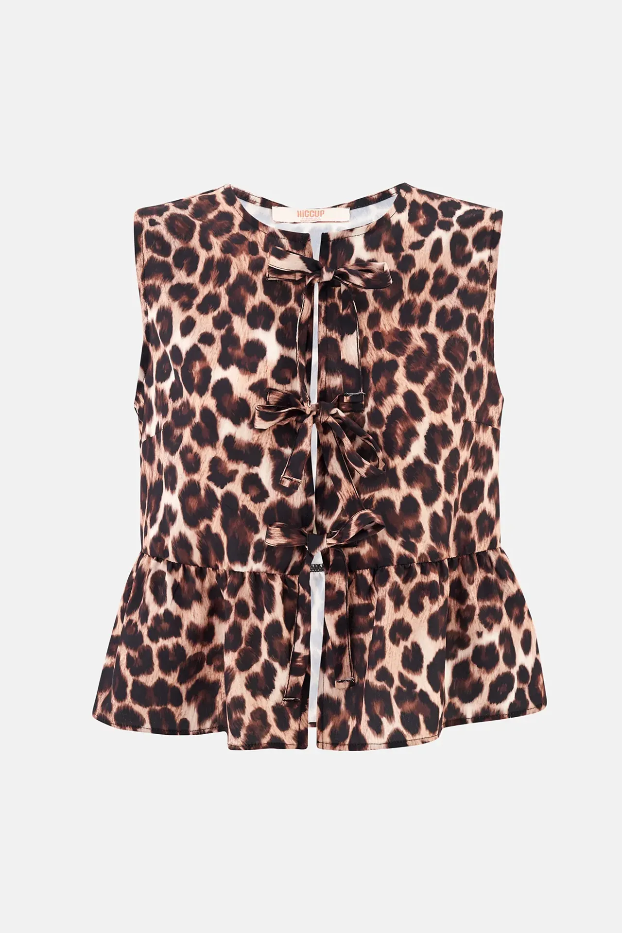 Sleeveless Animal Print Blouse with Round Neck and Lace-up Detail