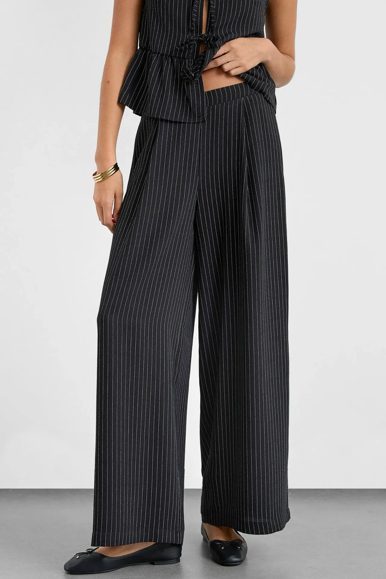 Wide-Leg Striped Pleated Pants