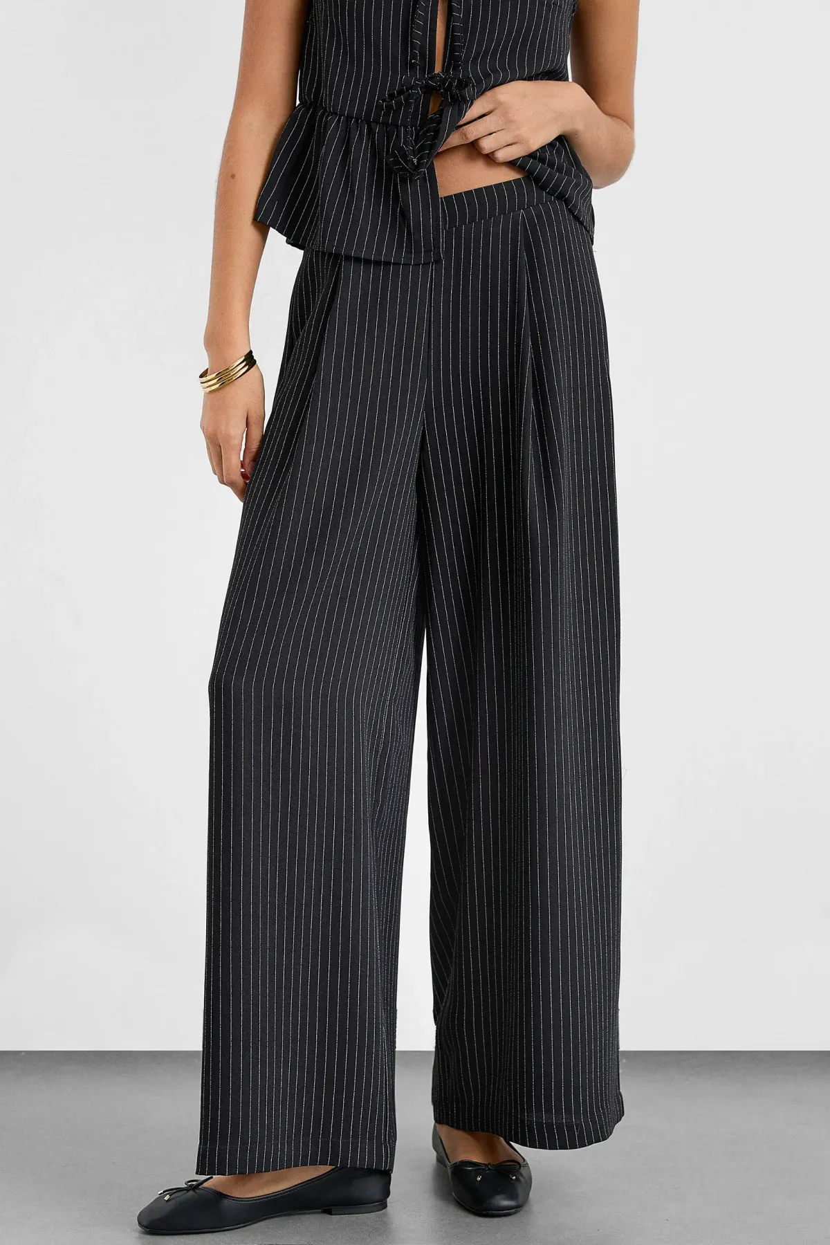 Wide-Leg Striped Pleated Pants 2