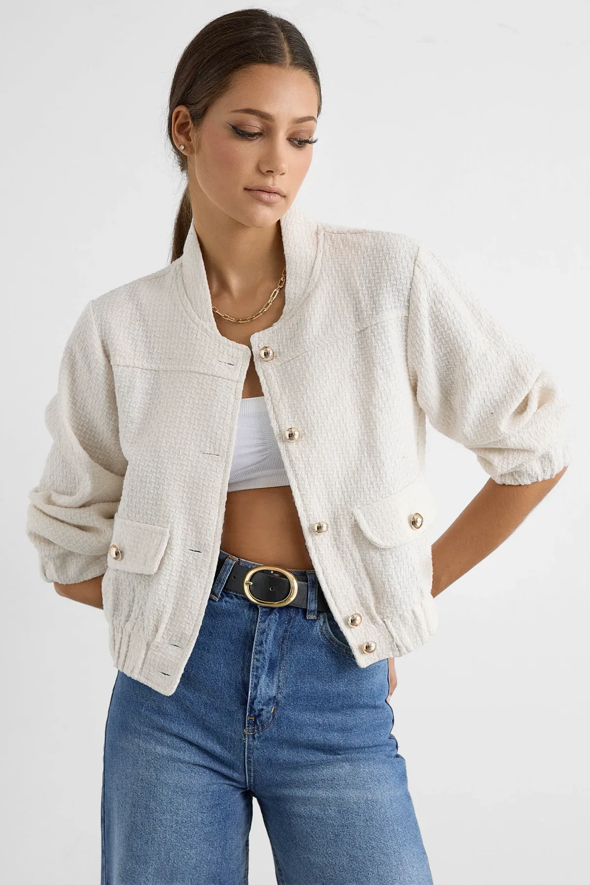 Tweed Round Neck Jacket with a Pocket Detail 1