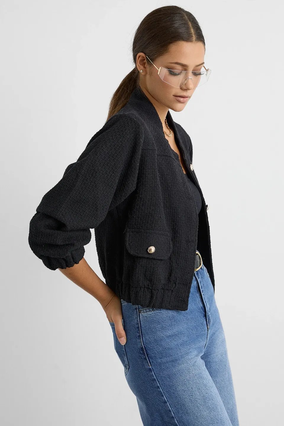 Tweed Round Neck Jacket with a Pocket Detail