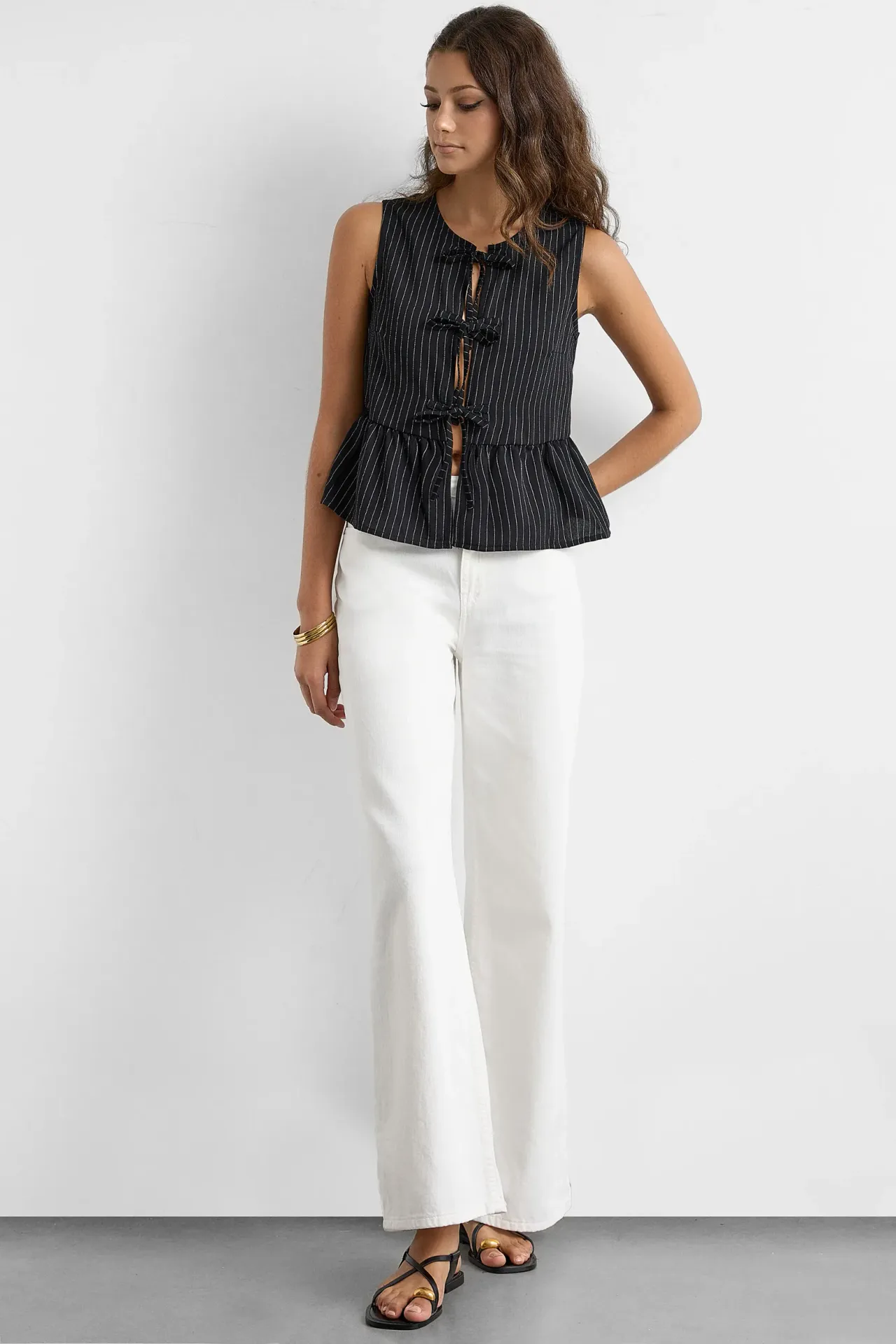 Striped Sleeveless Blouse with Lace-Up Detail