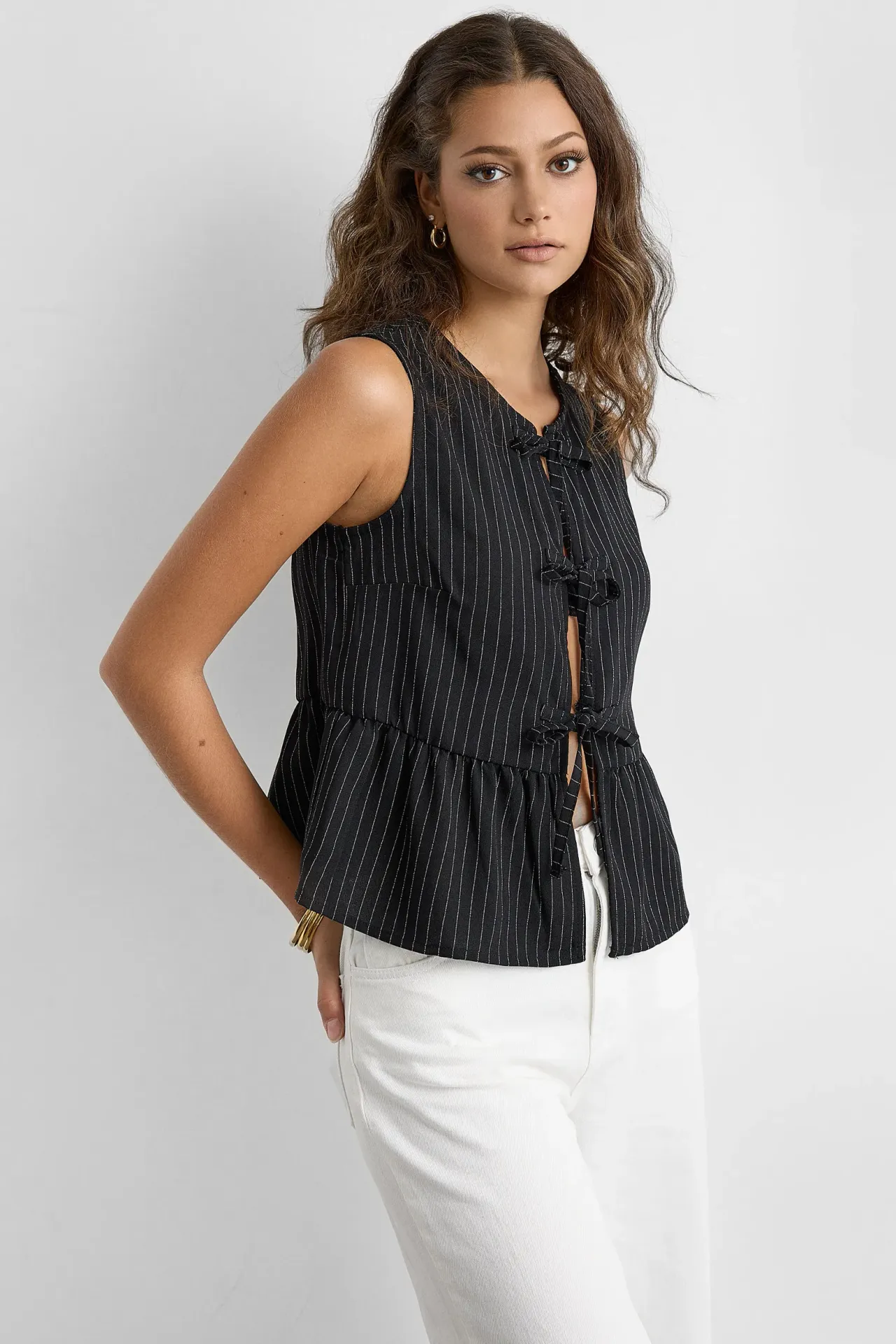 Striped Sleeveless Blouse with Lace-Up Detail