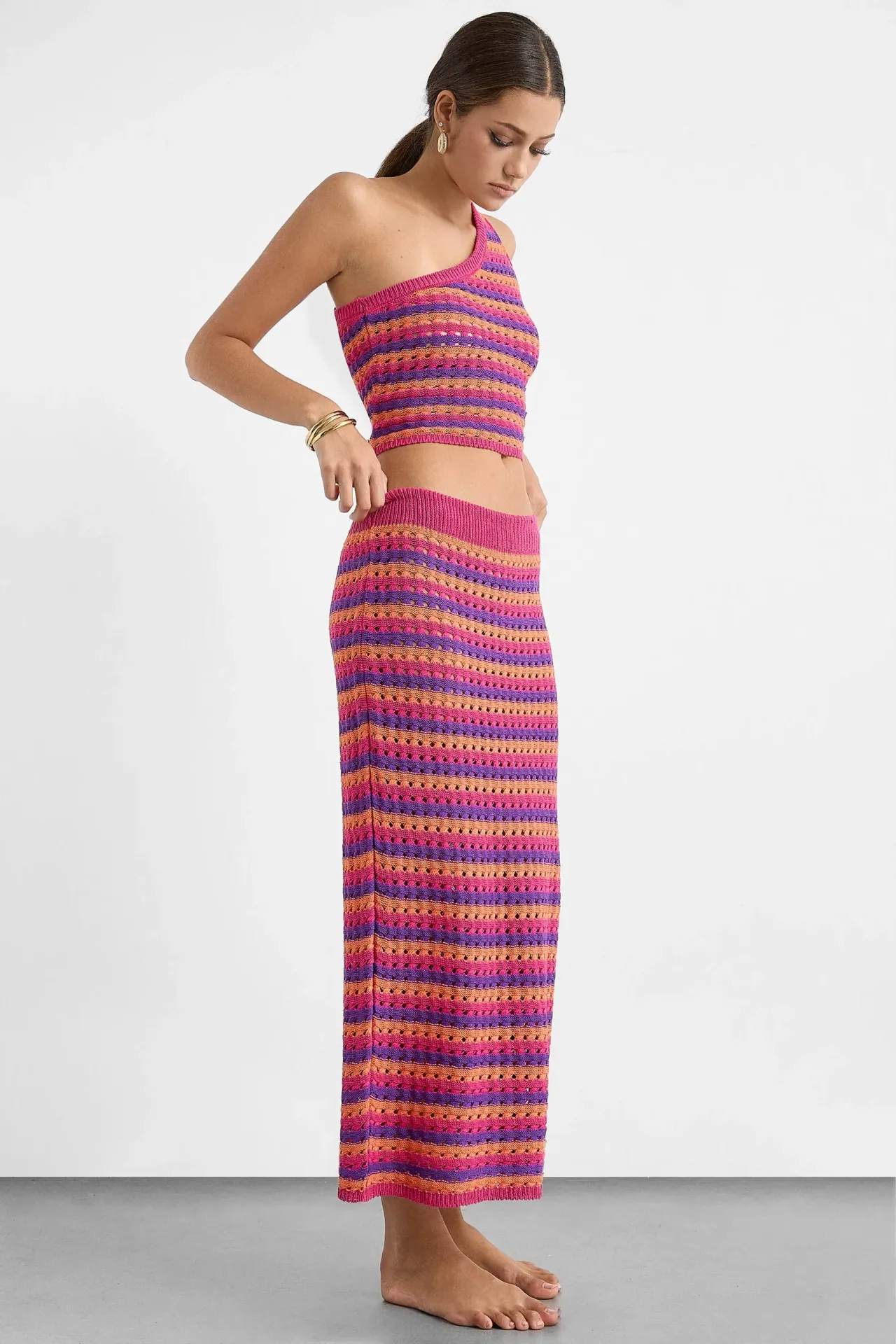 Striped Knitted Maxi Co-ord Set with One-Shoulder Top