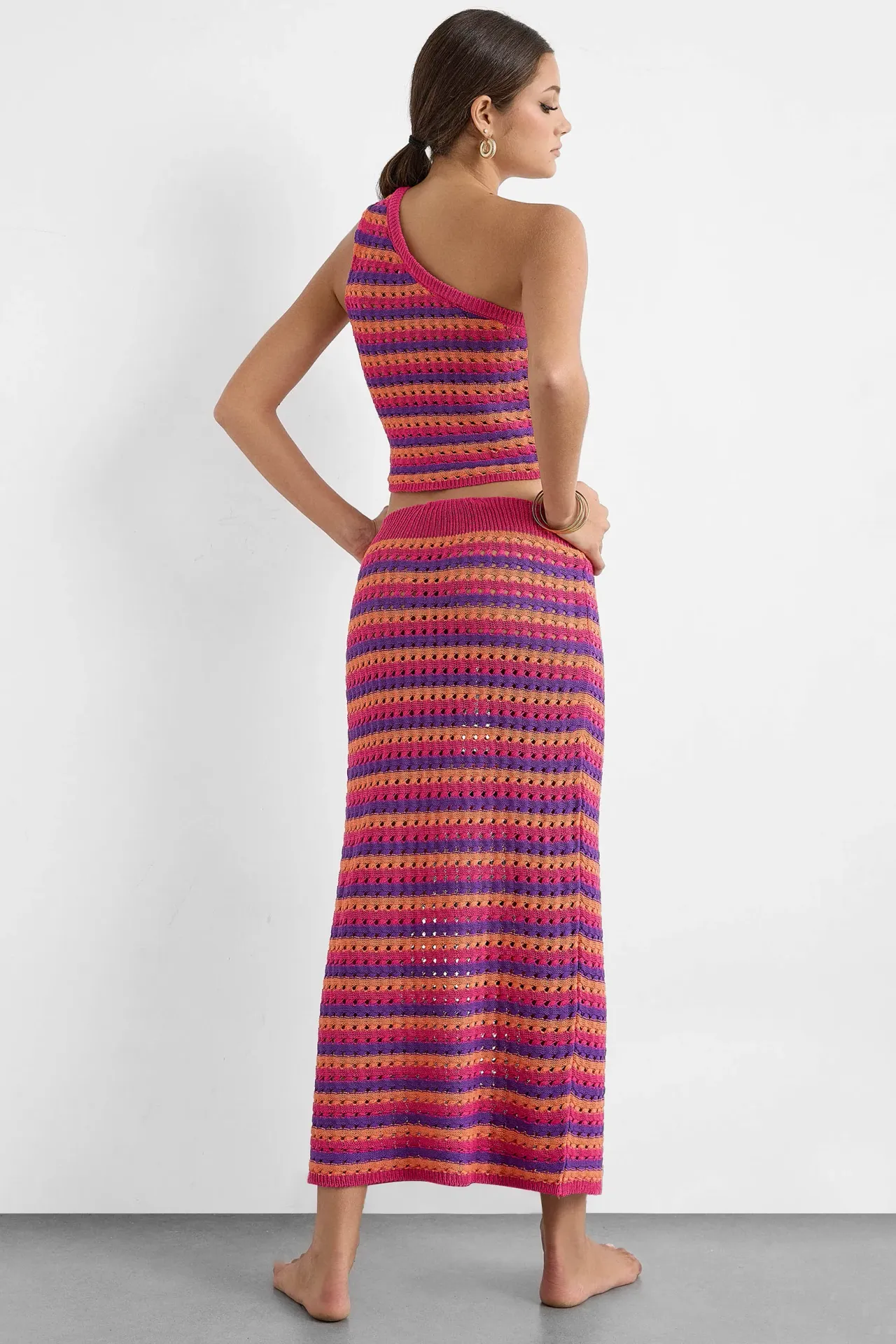 Striped Knitted Maxi Co-ord Set with One-Shoulder Top