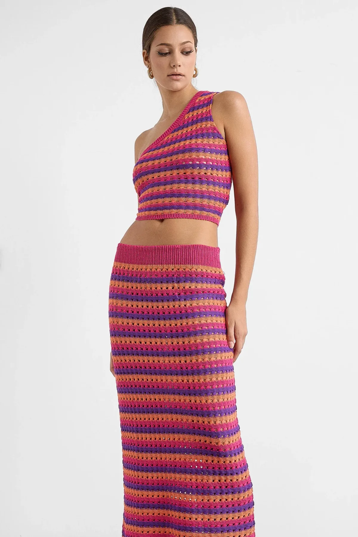 Striped Knitted Maxi Co-ord Set with One-Shoulder Top 3