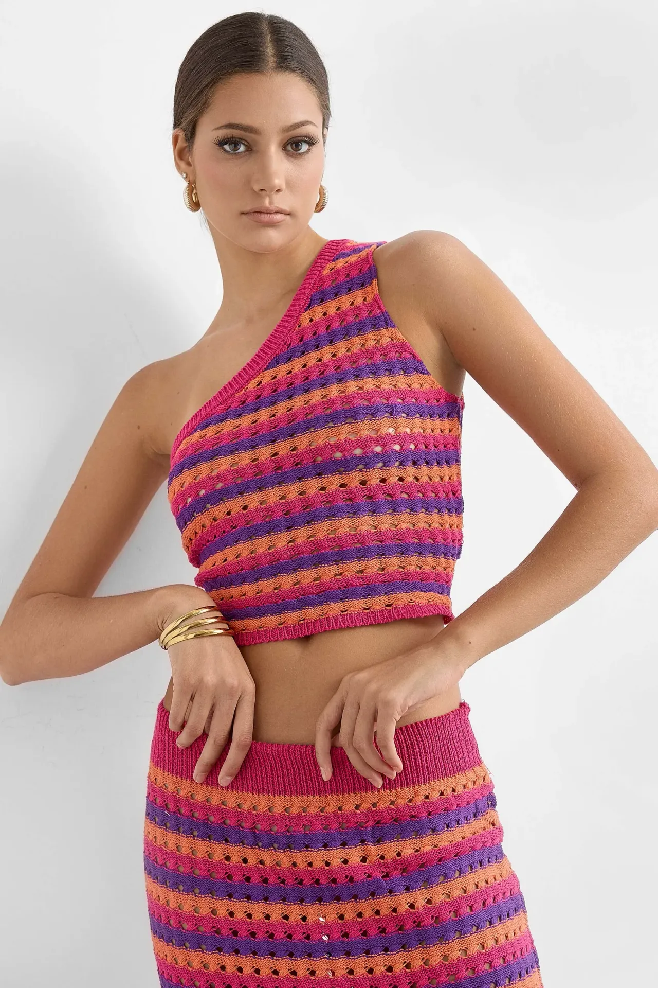 Striped Knitted Maxi Co-ord Set with One-Shoulder Top