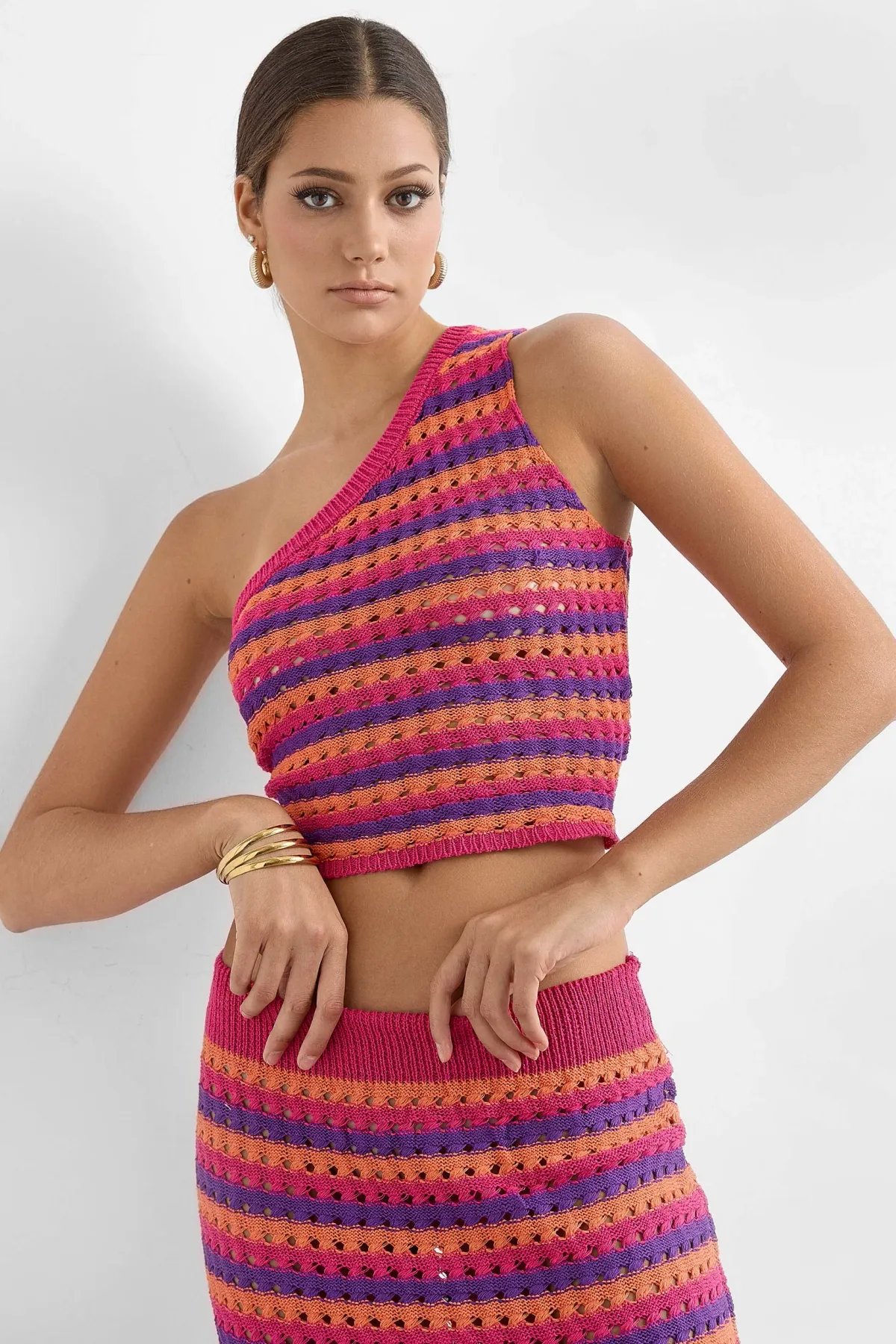 Striped Knitted Maxi Co-ord Set with One-Shoulder Top 1