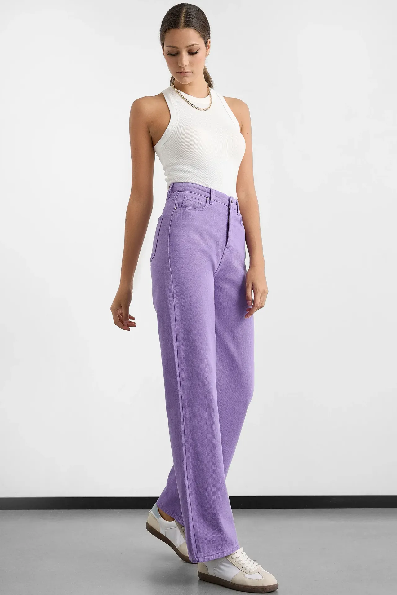 High-Waist Wide-Leg Cotton Trousers with Pocket