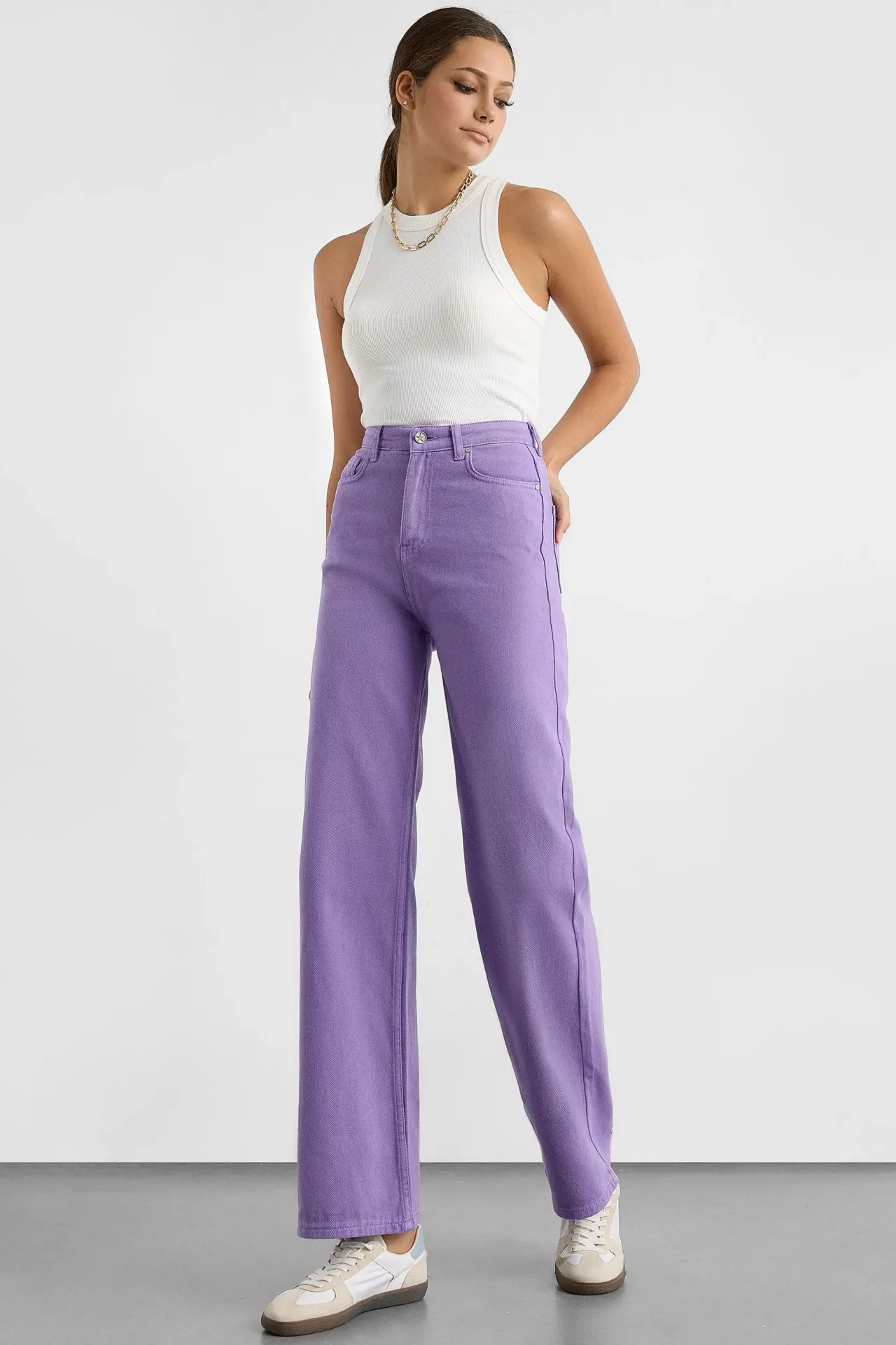 High-Waist Wide-Leg Cotton Trousers with Pocket