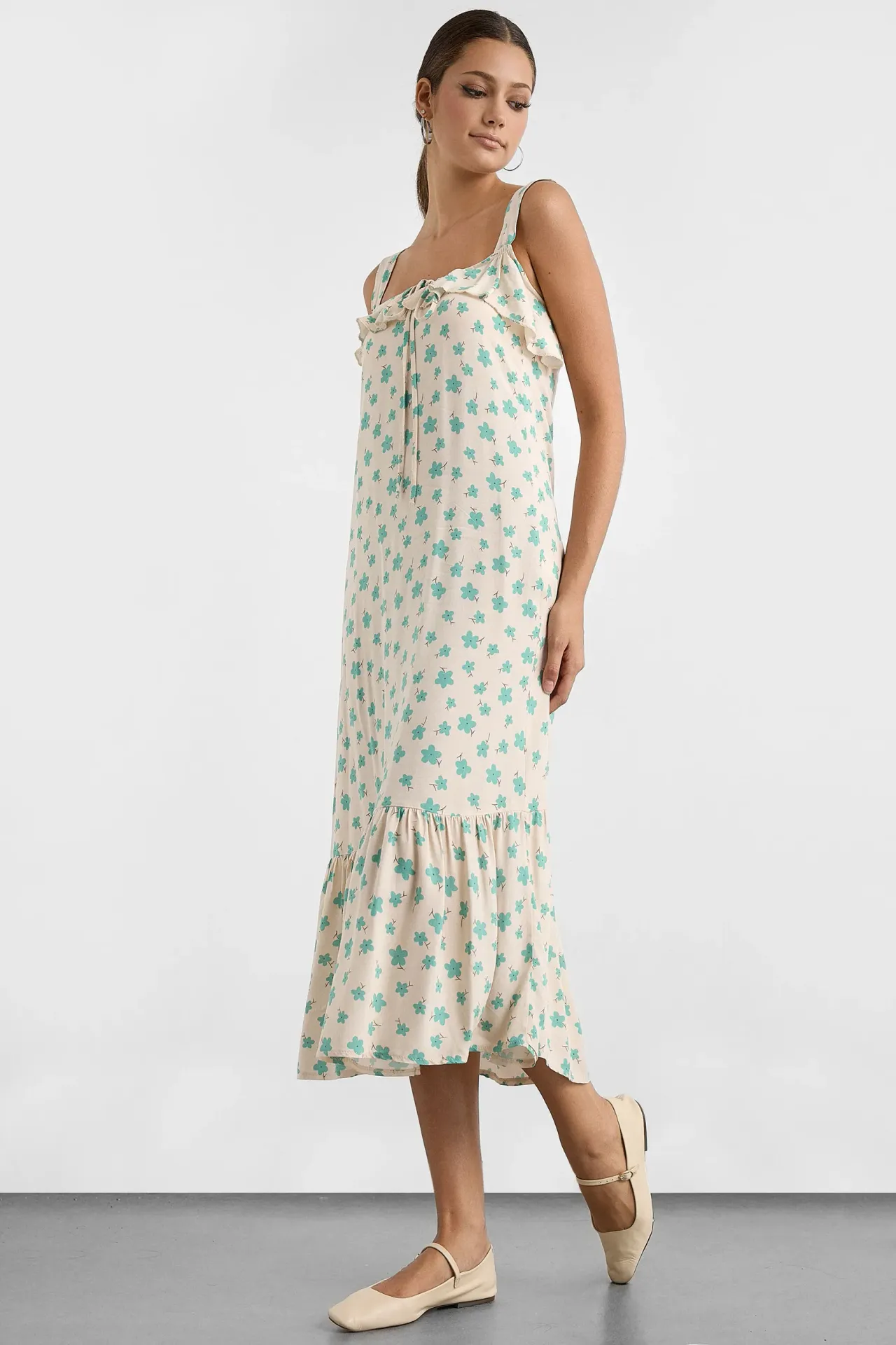 Printed Ruffle Midi Dress