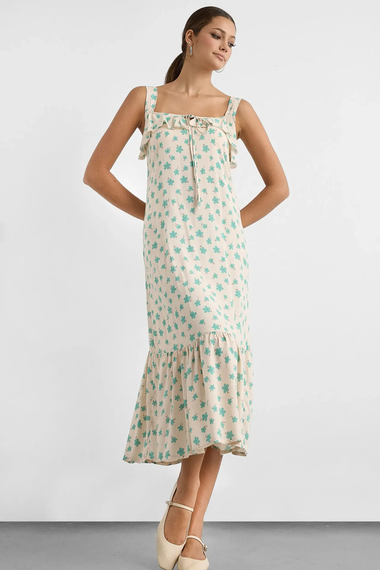 Printed Ruffle Midi Dress